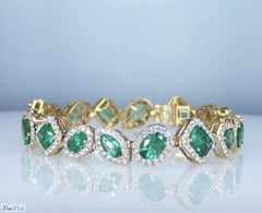 Impressive 13.51ct Natural Green Emeralds & Diamonds Halo Bracelet 18K Gold
