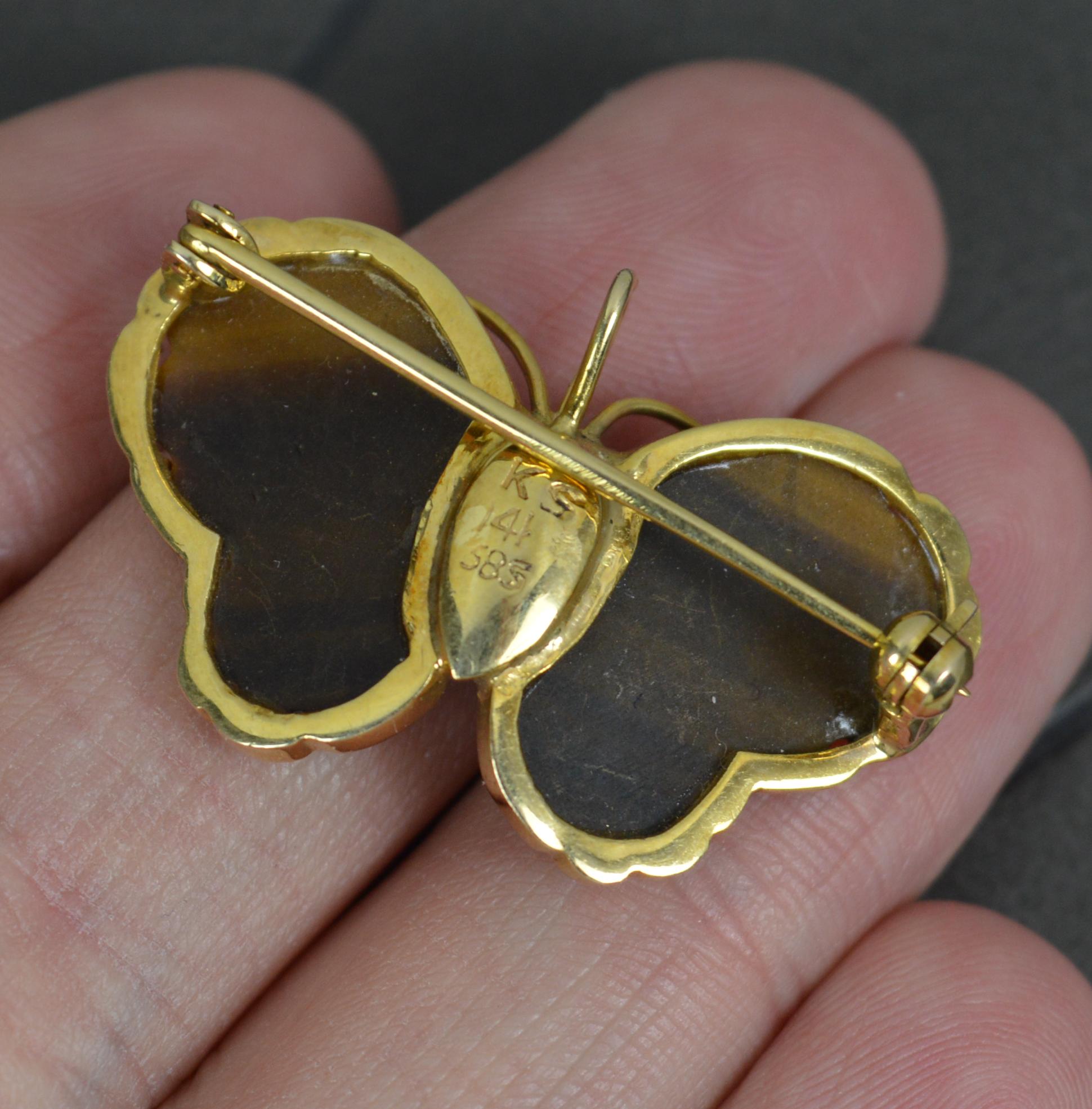 Impressive 14 Carat Gold and Carved Tigers Eye Butterfly Pendant Brooch 2
