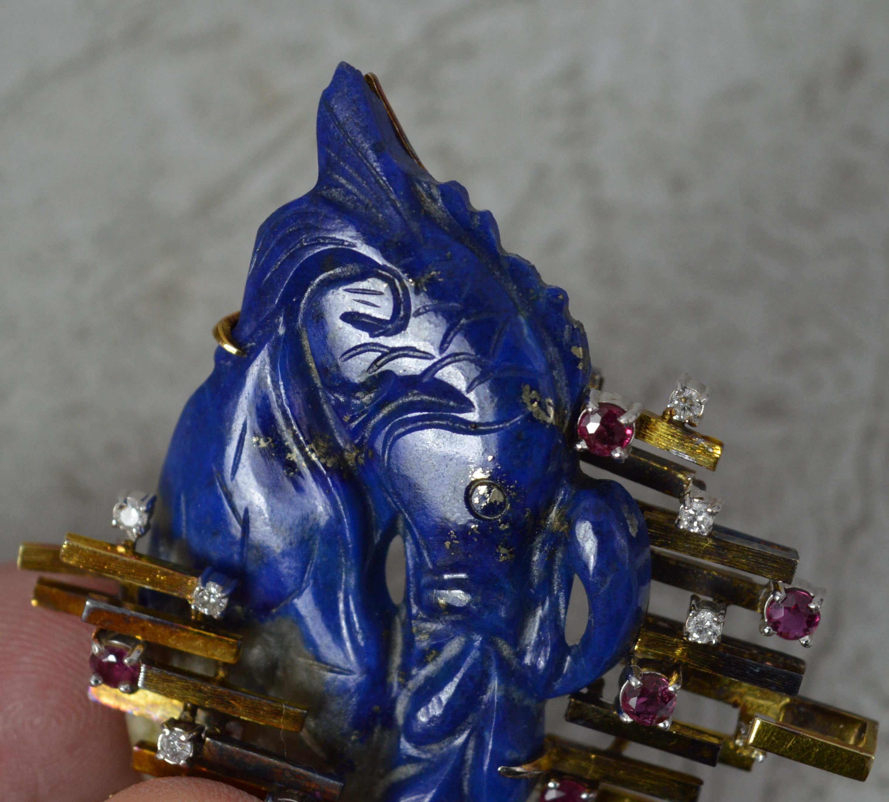 Round Cut Impressive 14ct Gold Carved Lapis Lazuli Fish Ruby and Diamond Retro Brooch For Sale