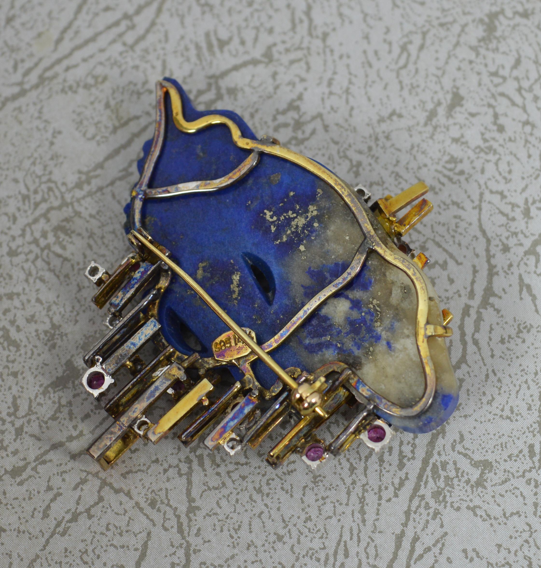 Women's Impressive 14ct Gold Carved Lapis Lazuli Fish Ruby and Diamond Retro Brooch For Sale
