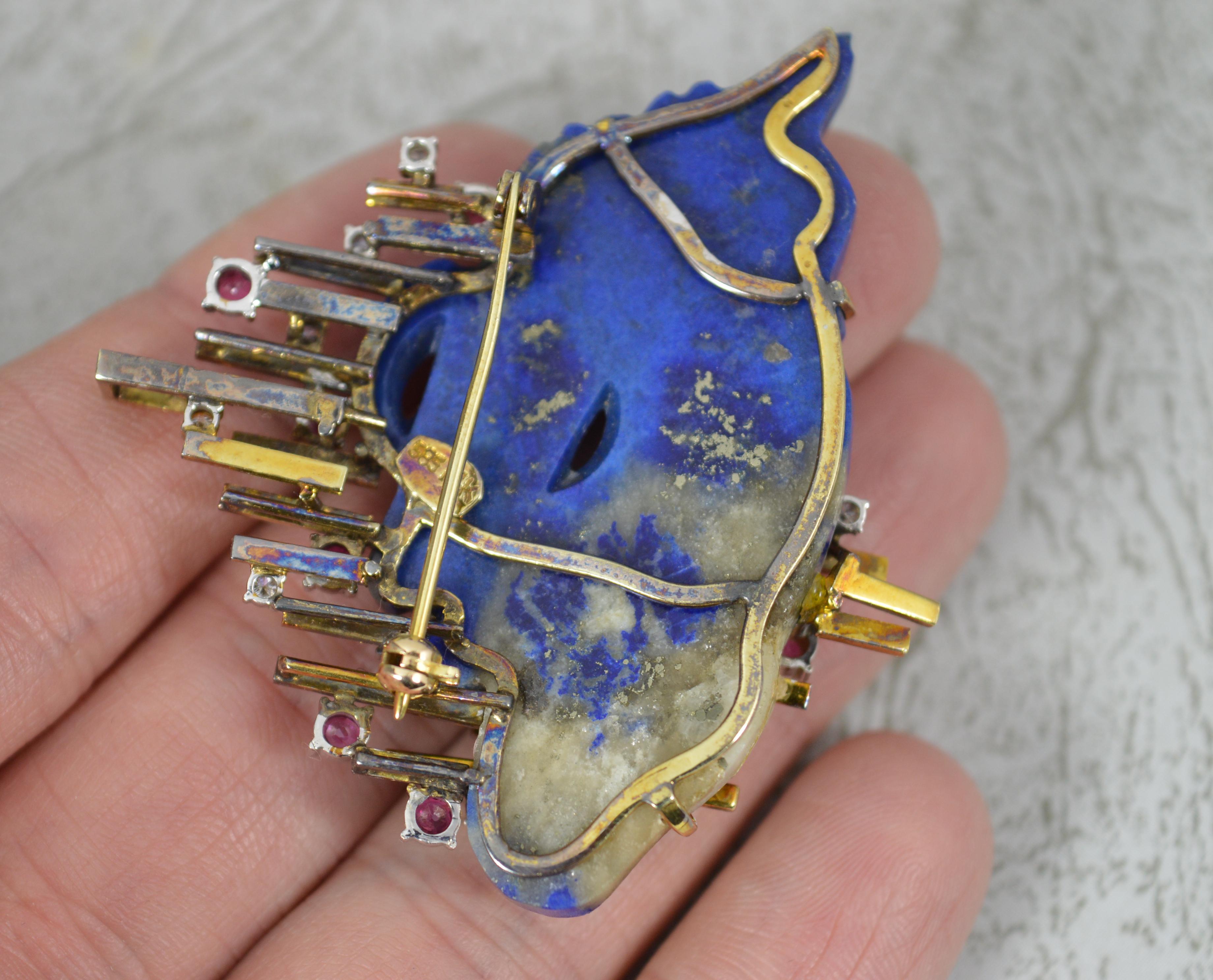 Impressive 14ct Gold Carved Lapis Lazuli Fish Ruby and Diamond Retro Brooch For Sale 2