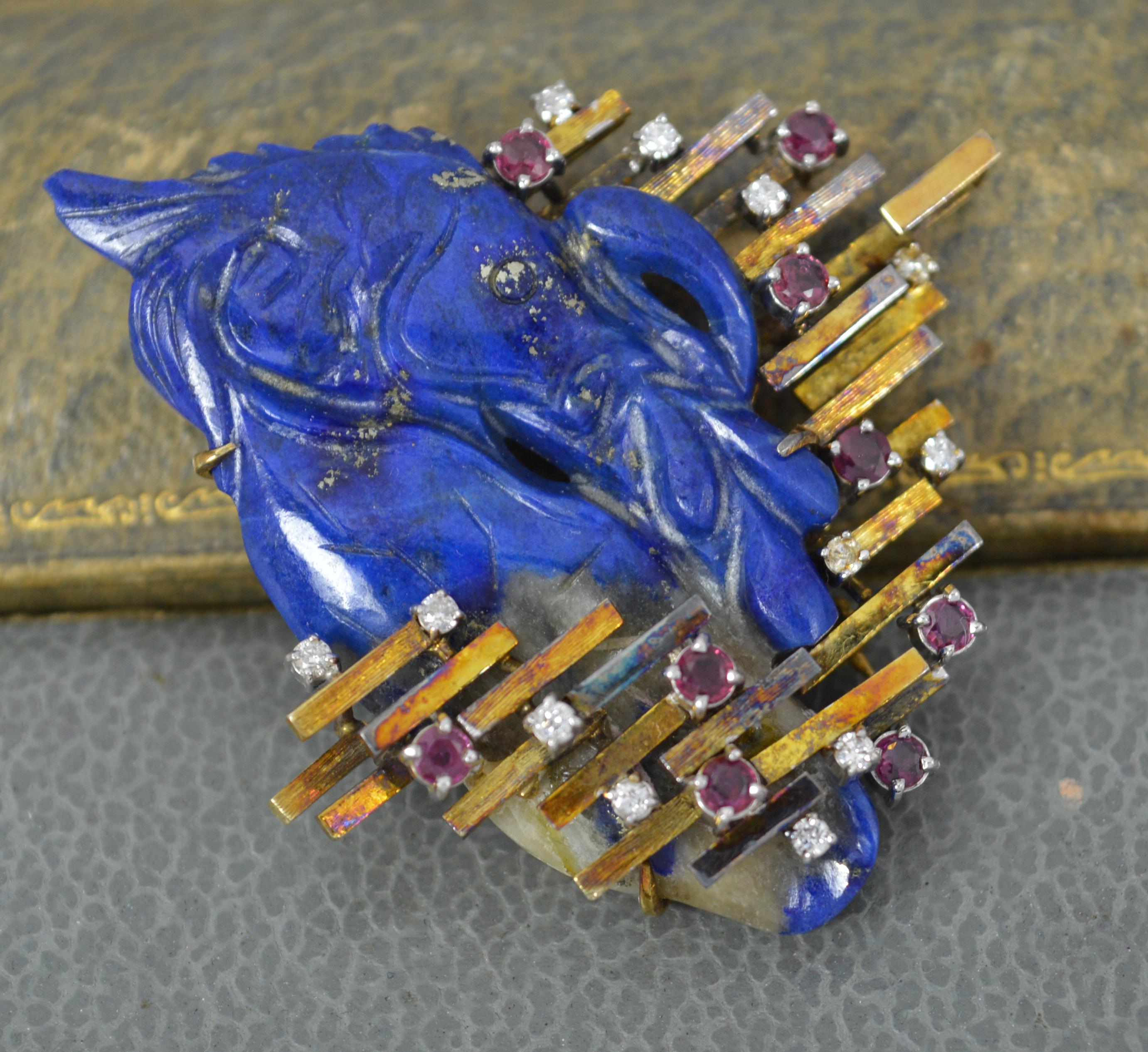 Impressive 14ct Gold Carved Lapis Lazuli Fish Ruby and Diamond Retro Brooch For Sale 4