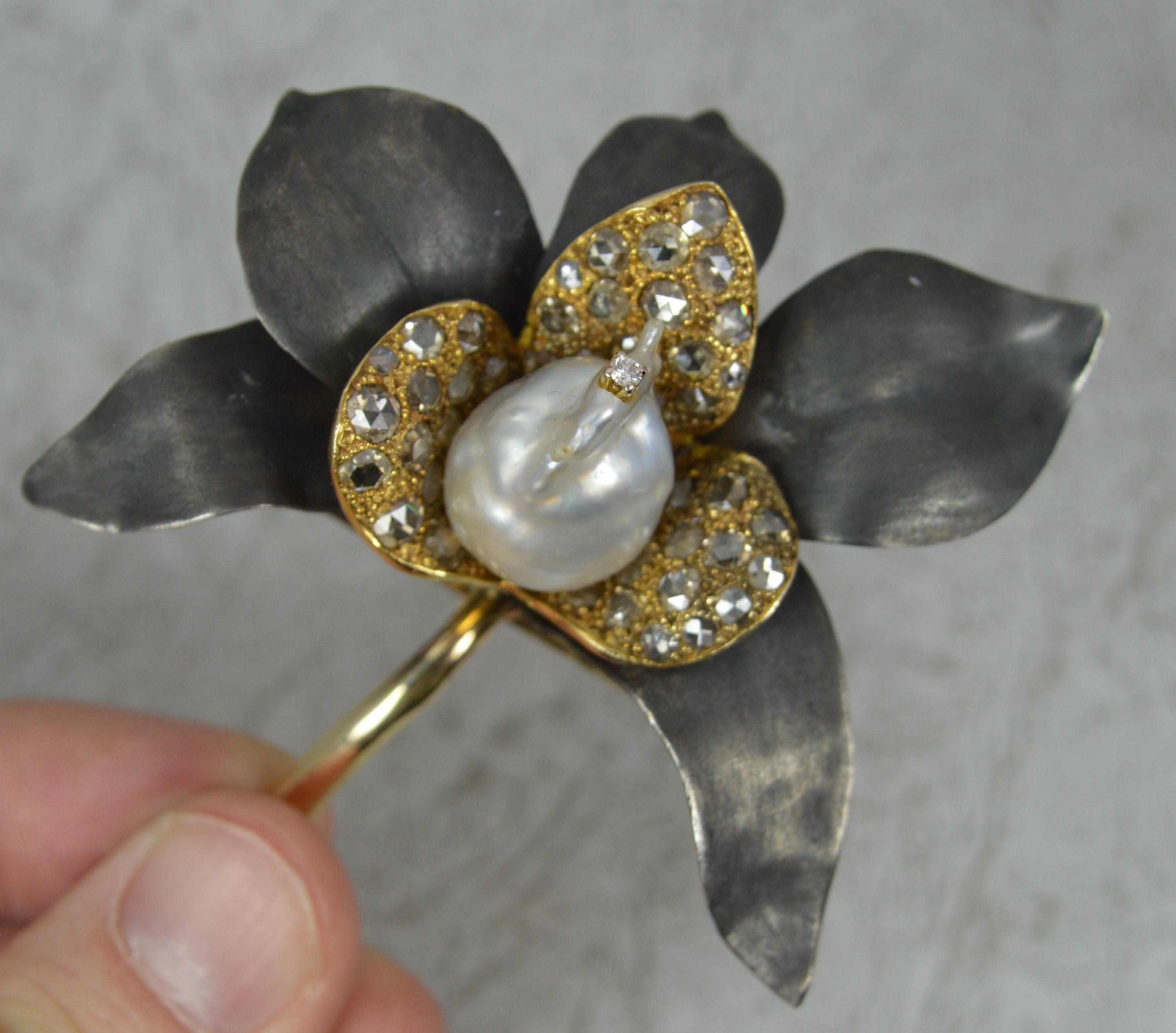 Victorian Impressive 14ct Gold Pearl and Rose Cut Diamond Flower Brooch