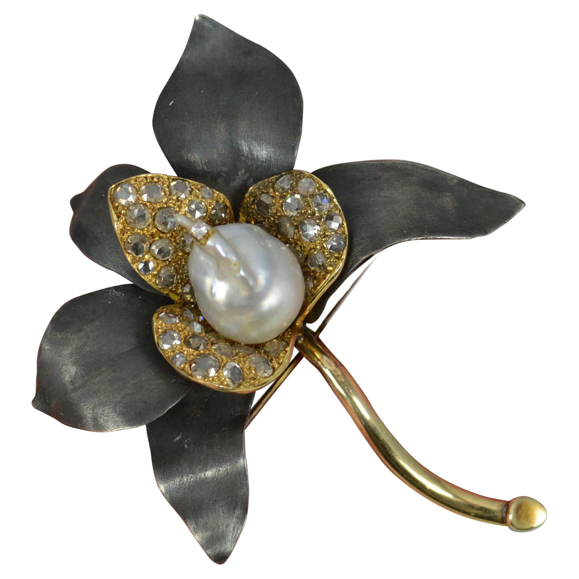 Impressive 14ct Gold Pearl and Rose Cut Diamond Flower Brooch