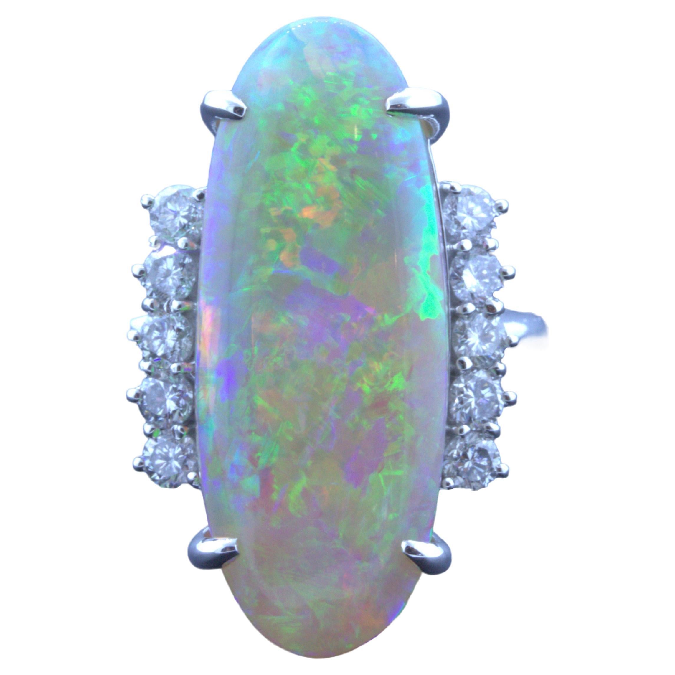 Impressive 15.36 Carat Australian Crystal Opal Diamond Platinum Cocktail Ring For Sale