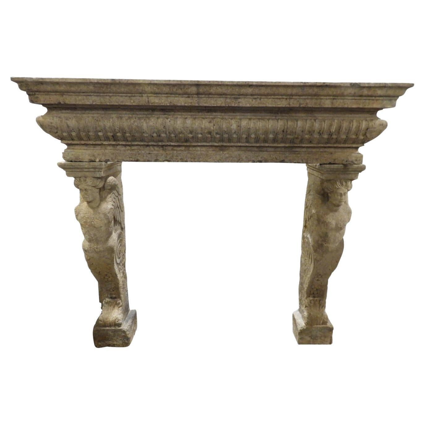 Impressive 17th Century Italian Renaissance Limestone Fireplace with Caryatids For Sale