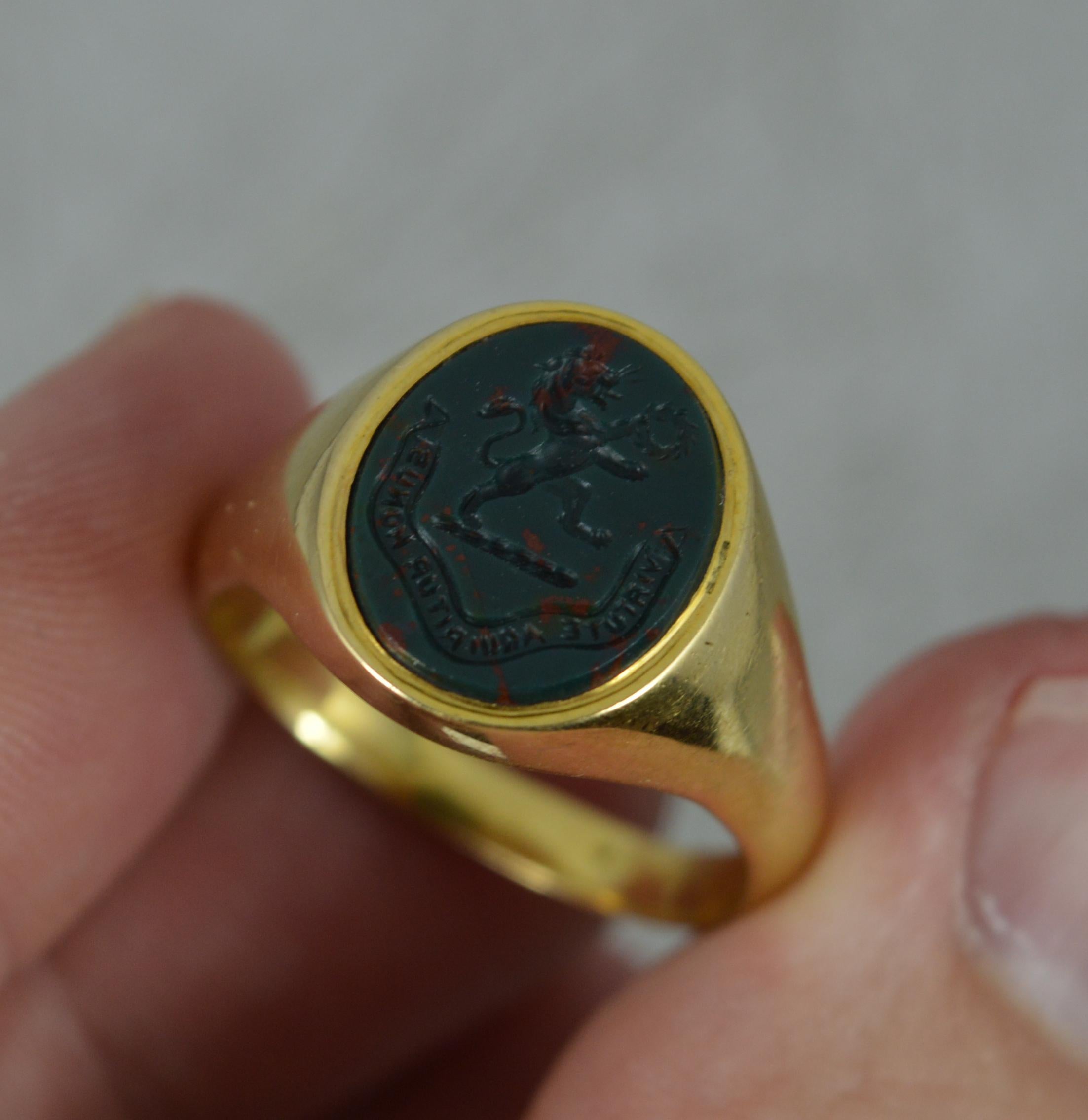Impressive 18 Carat Gold and Bloodstone Lion Intaglio Signet Ring Richardson In Excellent Condition In St Helens, GB
