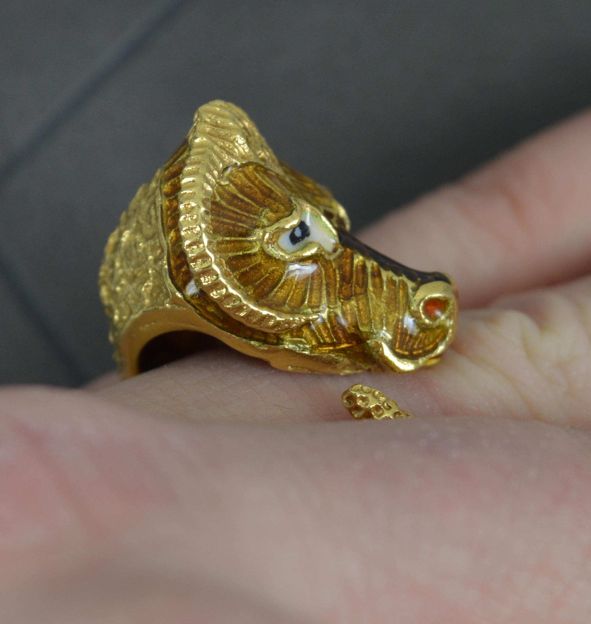 Impressive 18 Carat Gold and Enamel Ram Head Statement Ring In Good Condition For Sale In St Helens, GB