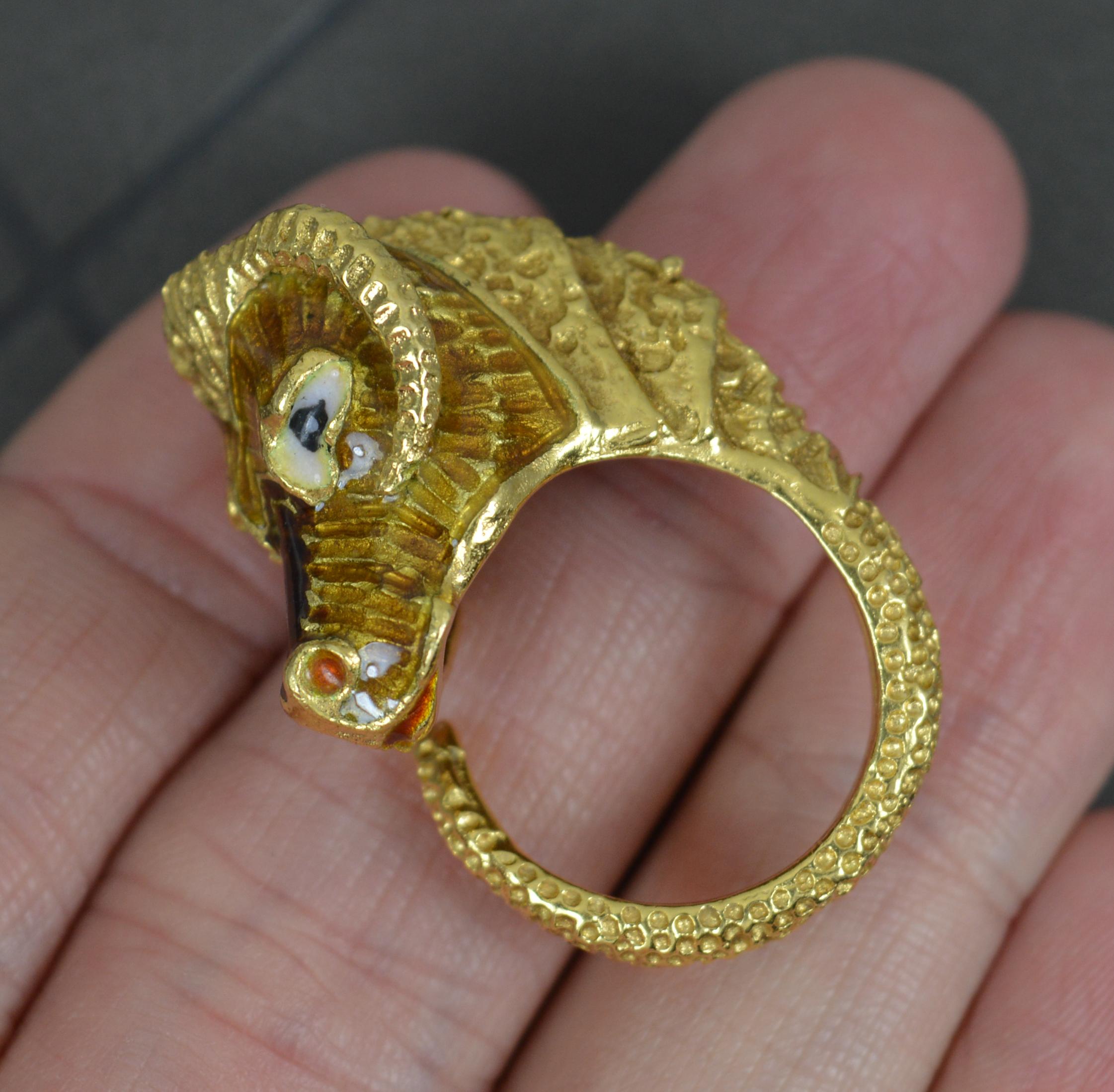 Women's Impressive 18 Carat Gold and Enamel Ram Head Statement Ring