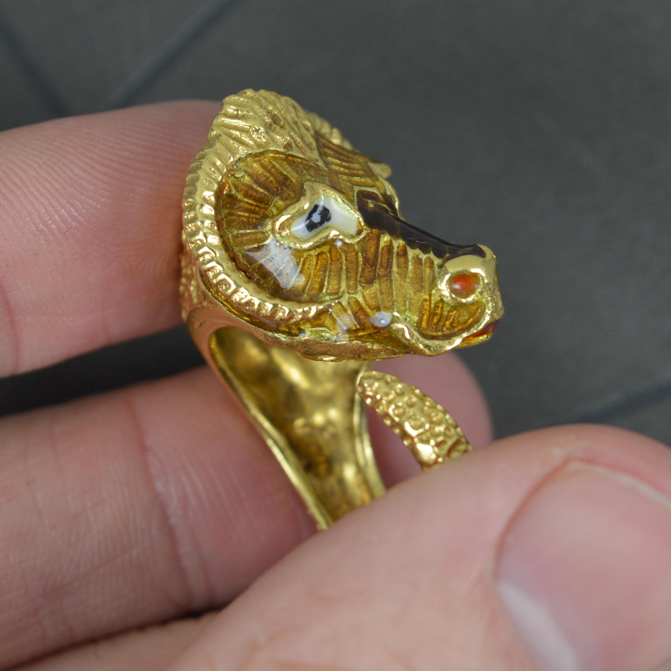 Impressive 18 Carat Gold and Enamel Ram Head Statement Ring For Sale 1