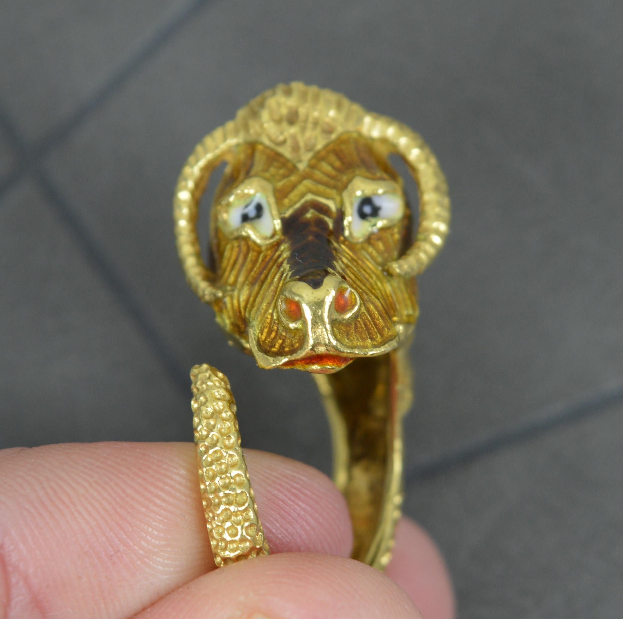 Impressive 18 Carat Gold and Enamel Ram Head Statement Ring For Sale 2