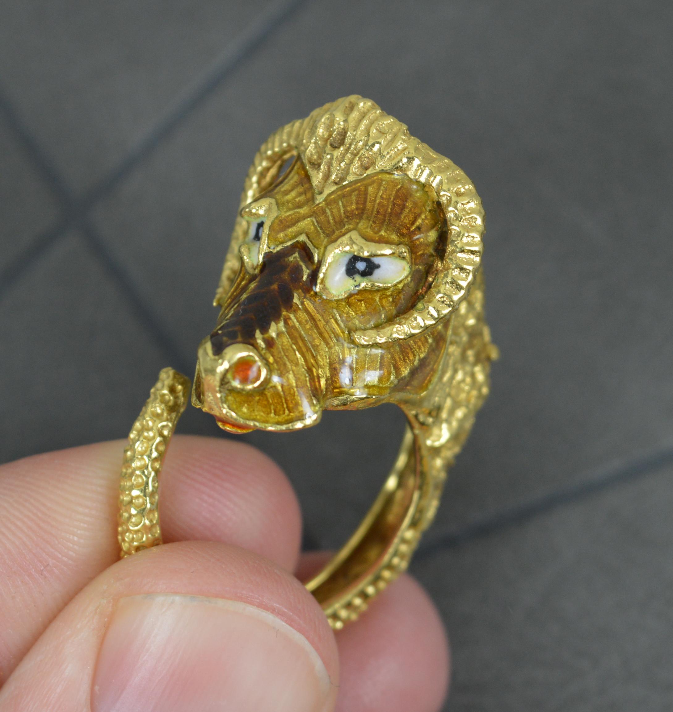 Impressive 18 Carat Gold and Enamel Ram Head Statement Ring For Sale 3