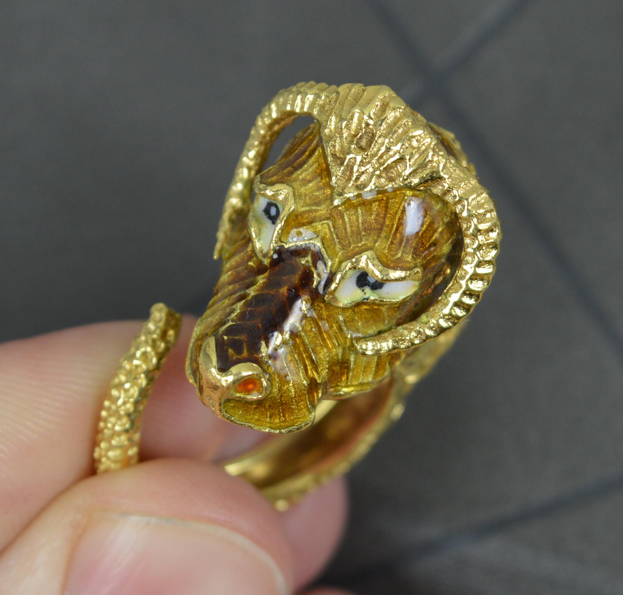 Impressive 18 Carat Gold and Enamel Ram Head Statement Ring For Sale 4