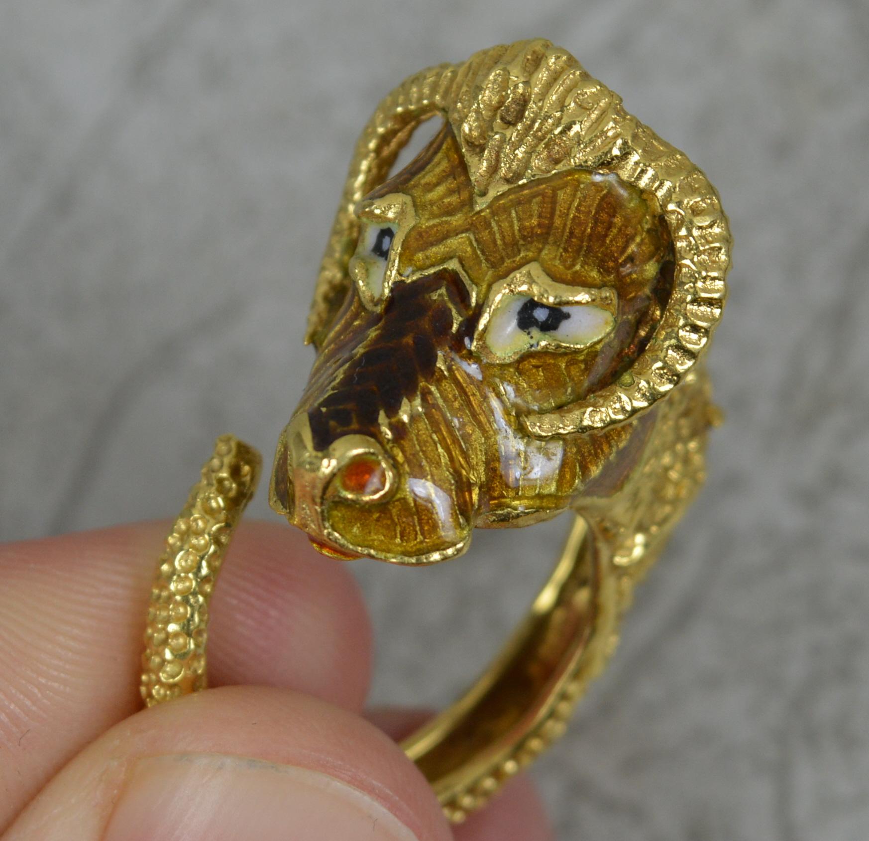 Impressive 18 Carat Gold and Enamel Ram Head Statement Ring For Sale 5