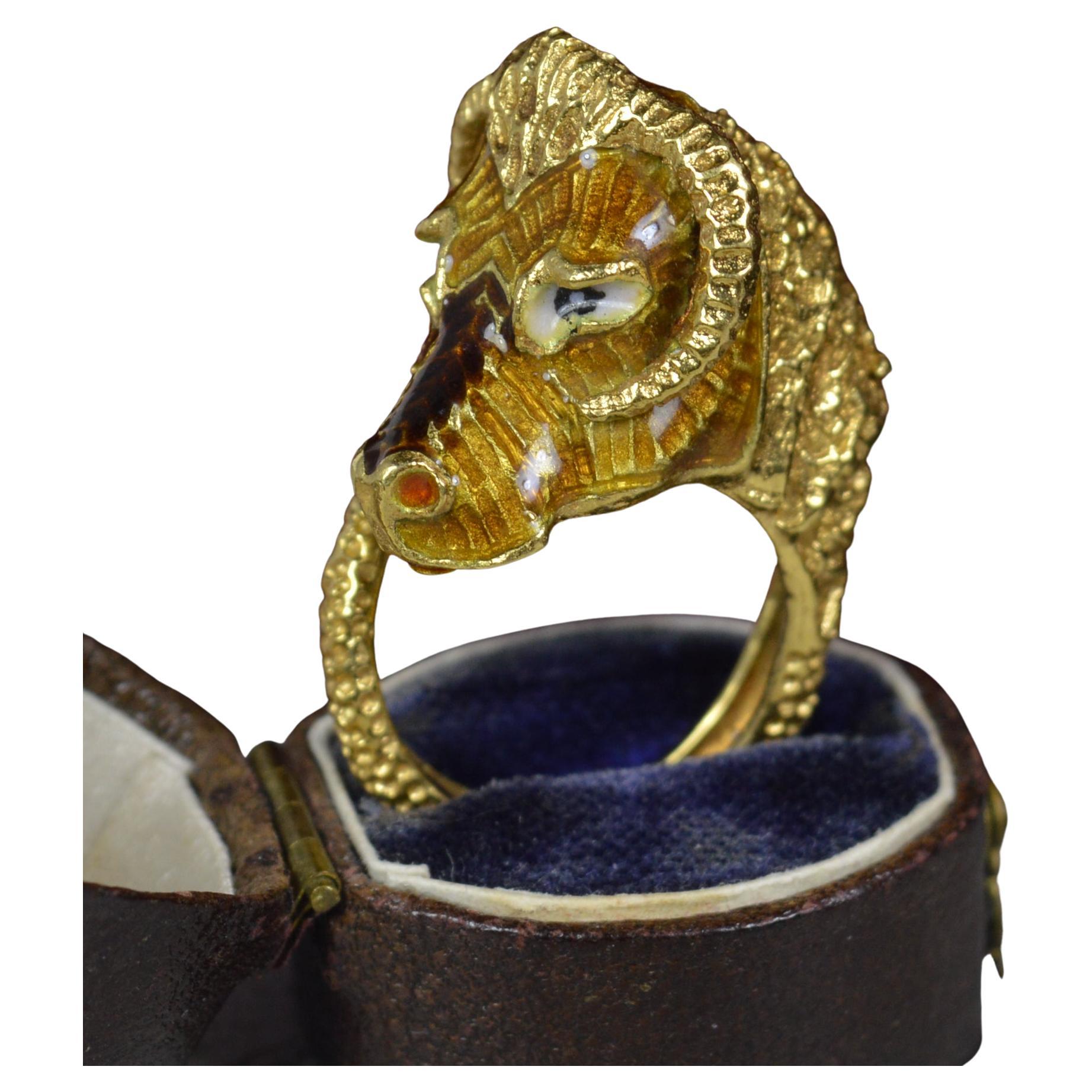 Impressive 18 Carat Gold and Enamel Ram Head Statement Ring For Sale