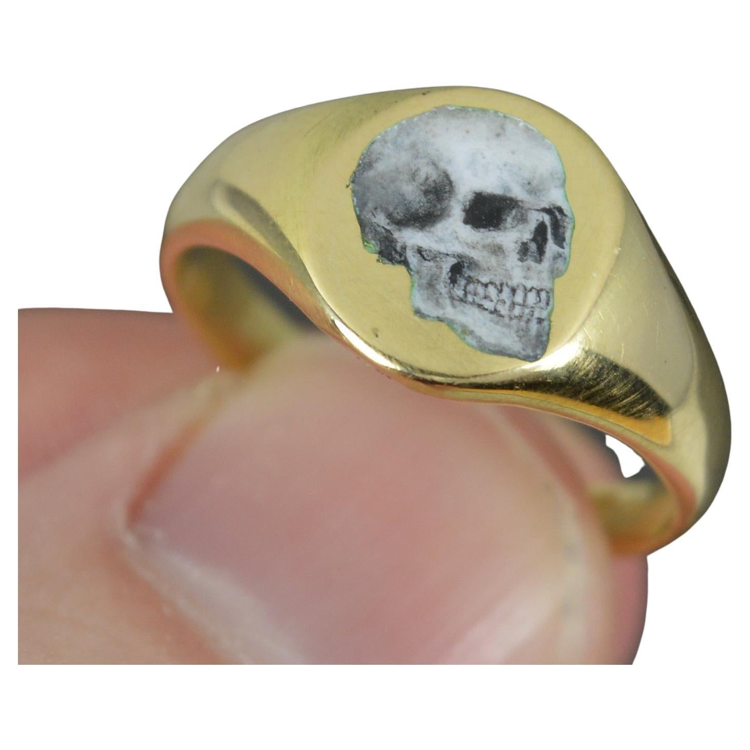 Impressive 18 Carat Gold and Enamel Skull Signet Ring For Sale