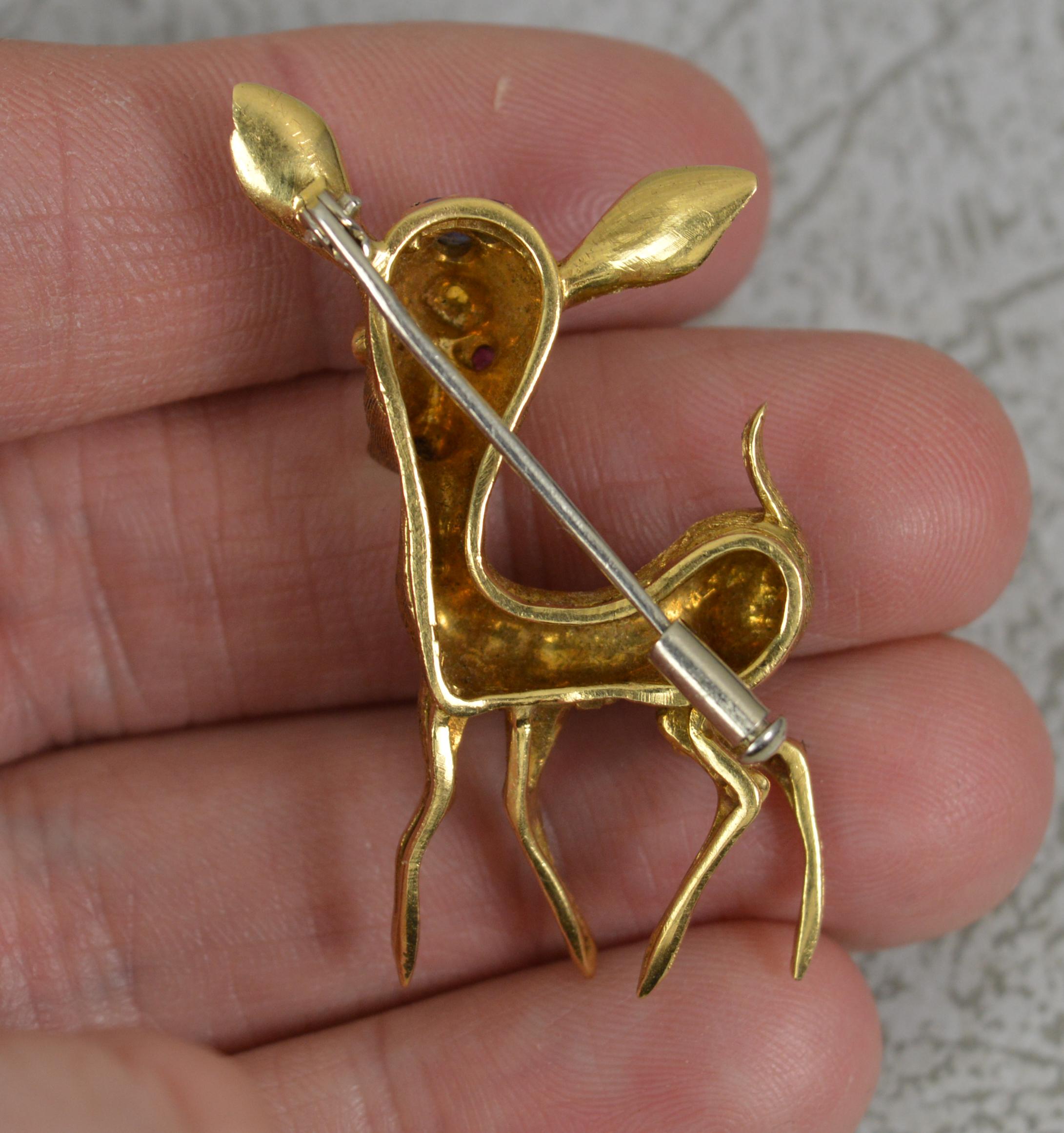 Marquise Cut Impressive 18 Carat Gold Ruby and Sapphire Bambi Deer Brooch