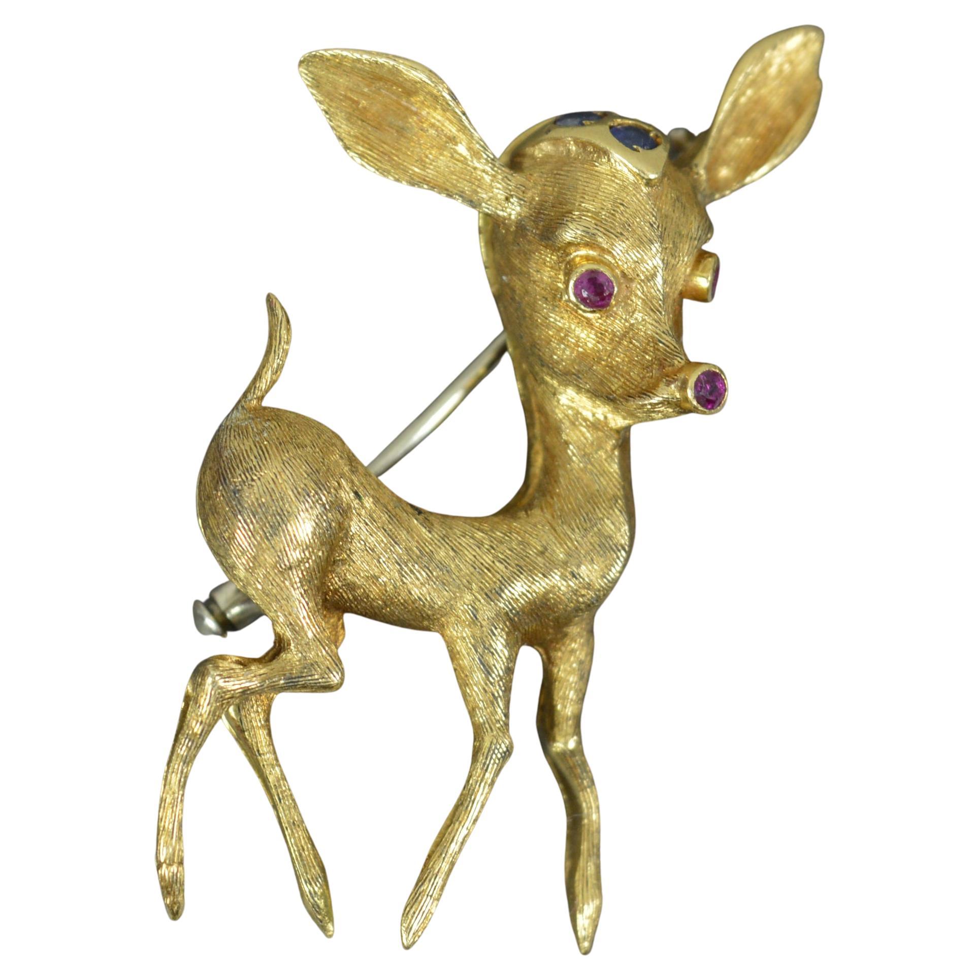 Impressive 18 Carat Gold Ruby and Sapphire Bambi Deer Brooch