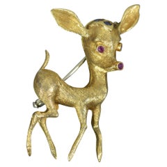 Vintage Impressive 18 Carat Gold Ruby and Sapphire Bambi Deer Brooch