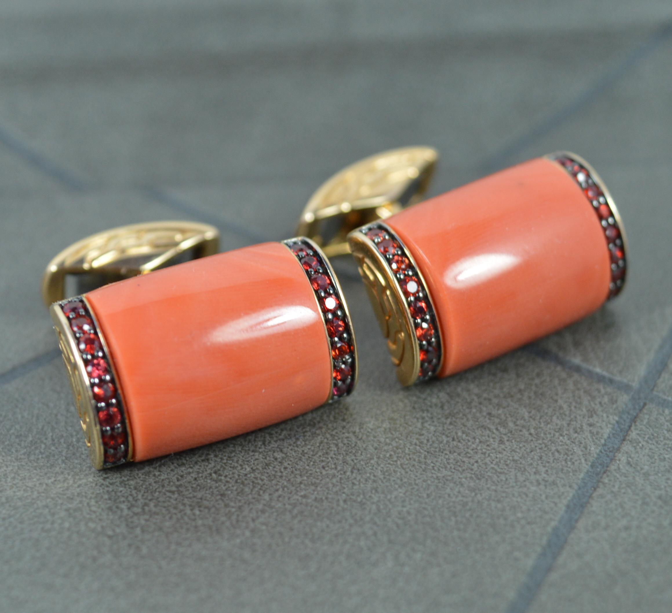 Impressive 18 Carat Rose Gold Coral and Garnet Cufflinks In Good Condition For Sale In St Helens, GB