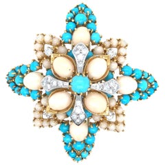 Impressive 18 Karat Persian Turquoise and Angel Skin Coral Brooch