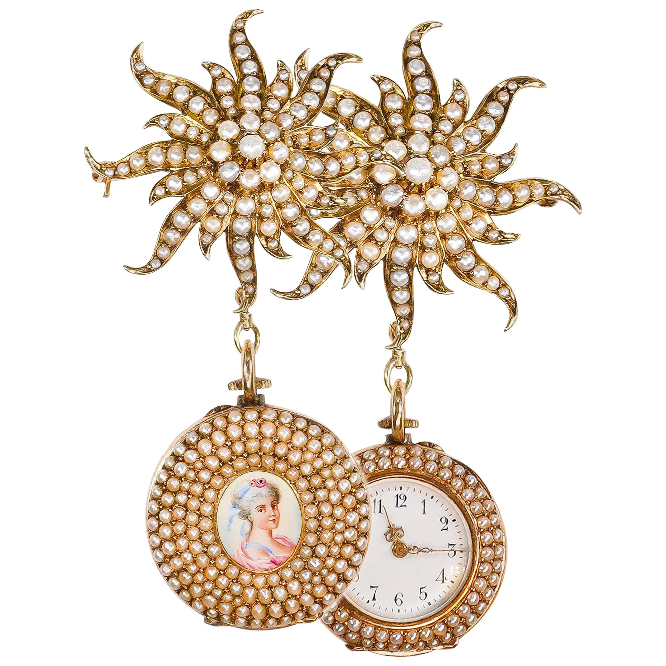 1800s Art Nouveau Gold Pearl Set Star Shaped and Enamel Pendant Watch