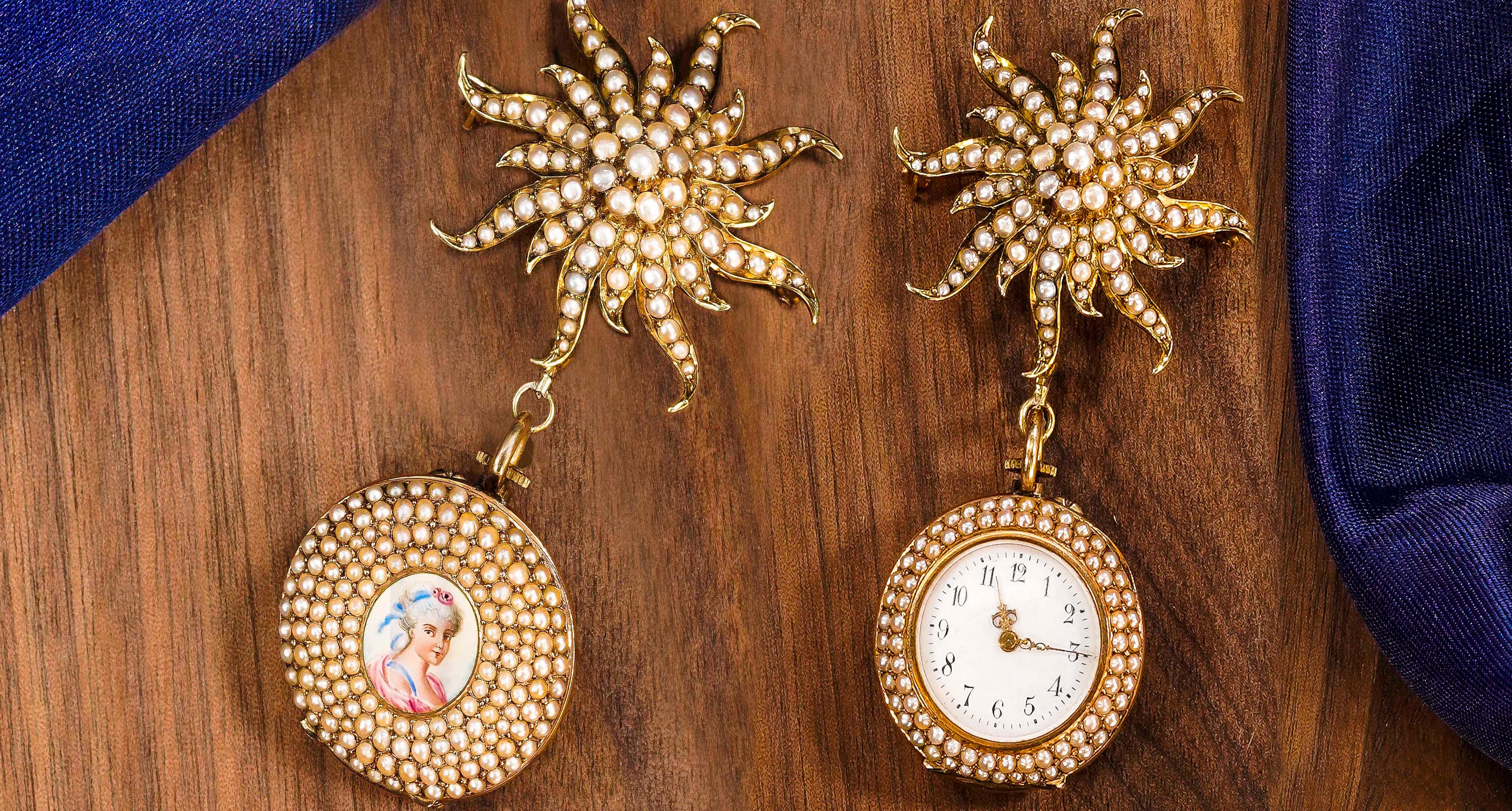1800s Art Nouveau Gold Pearl Set Star Shaped and Enamel Pendant Watch 5