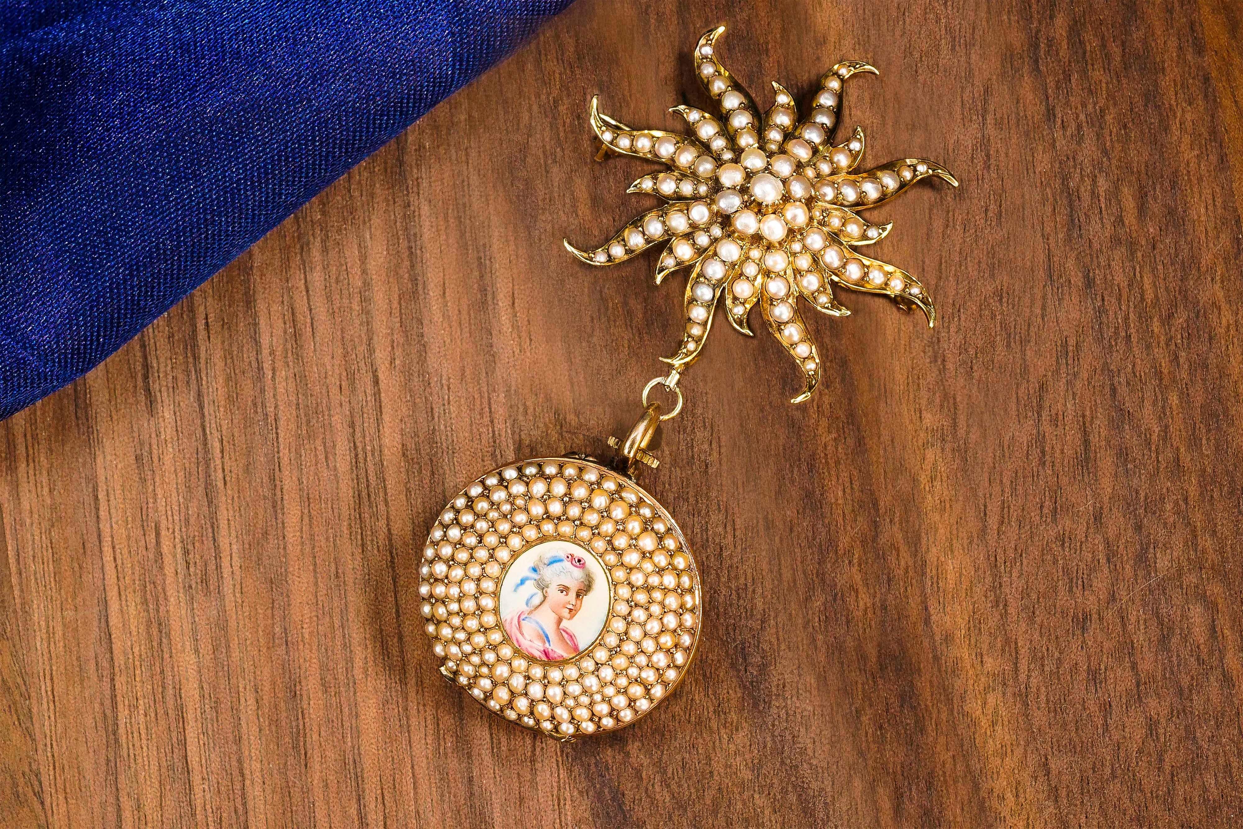 1800s Art Nouveau Gold Pearl Set Star Shaped and Enamel Pendant Watch 6