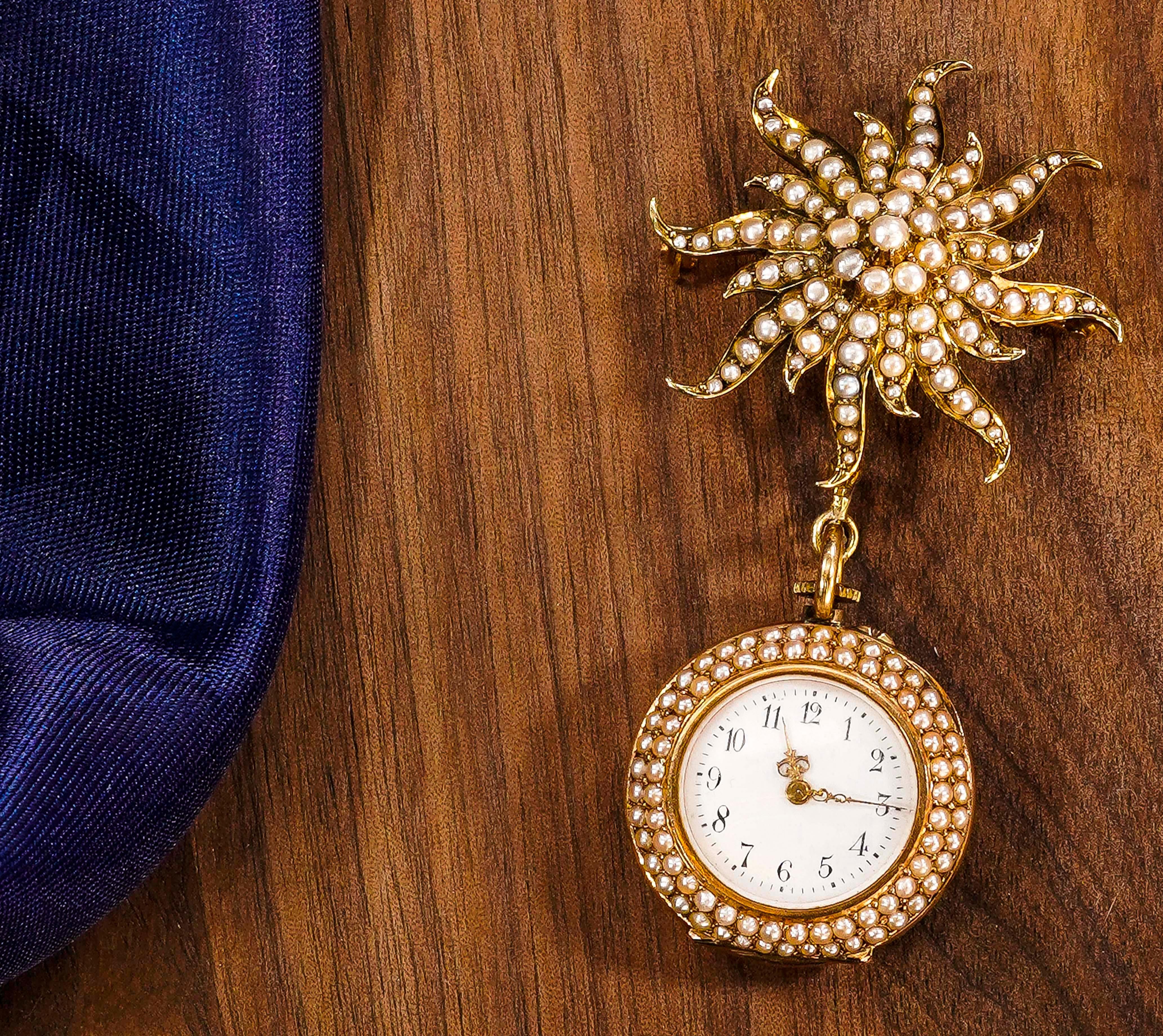 1800s Art Nouveau Gold Pearl Set Star Shaped and Enamel Pendant Watch 7