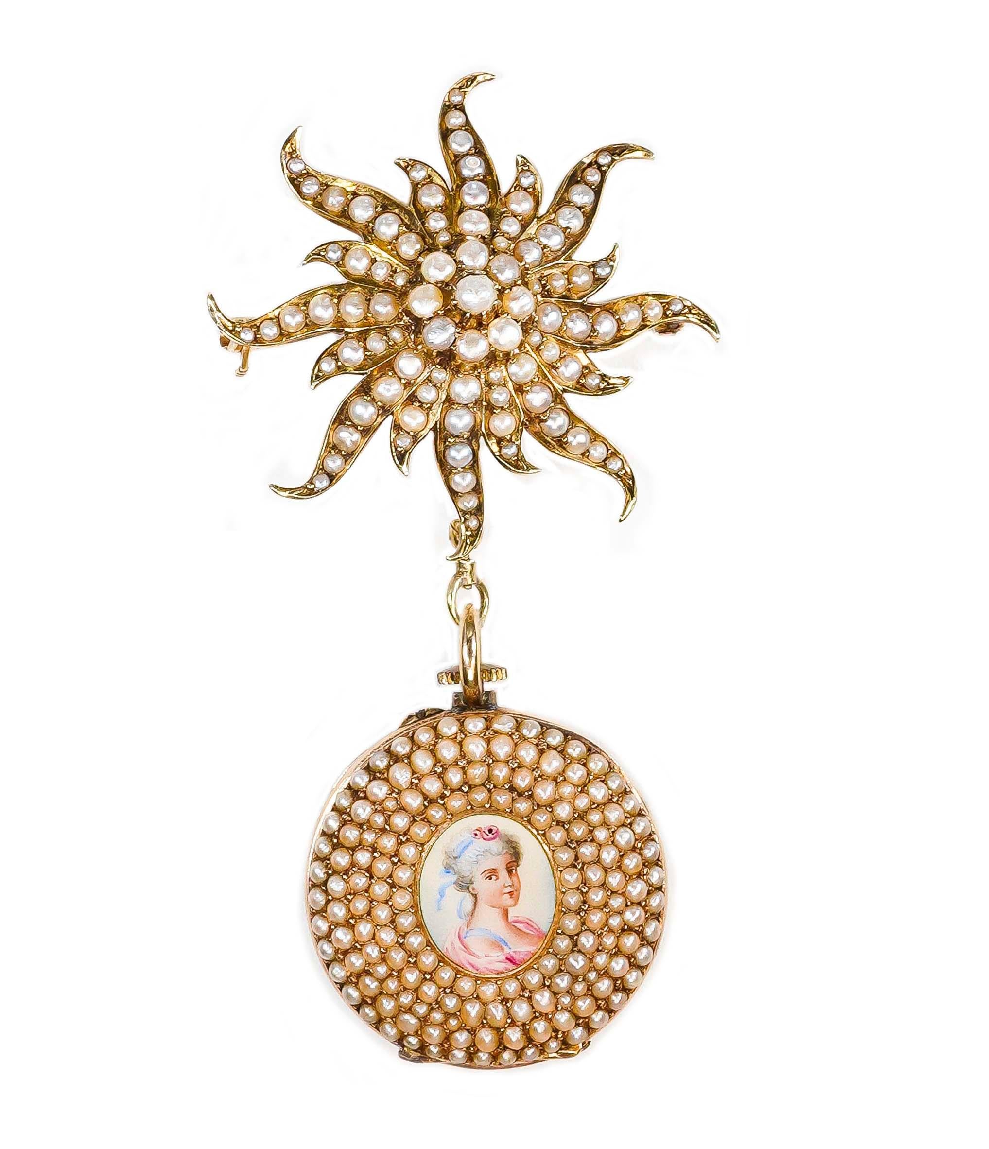 An Impressive & Large Art Nouveau 1800s,  Pearl Set Star Shaped Pendant with a beautifully preserved Enamel Portrait of French Bourgeoisie Woman 

Basic Specifications & Case Dimensions

- 72mm Height (Top of Pin to Bottom of Pendant Watch)
-