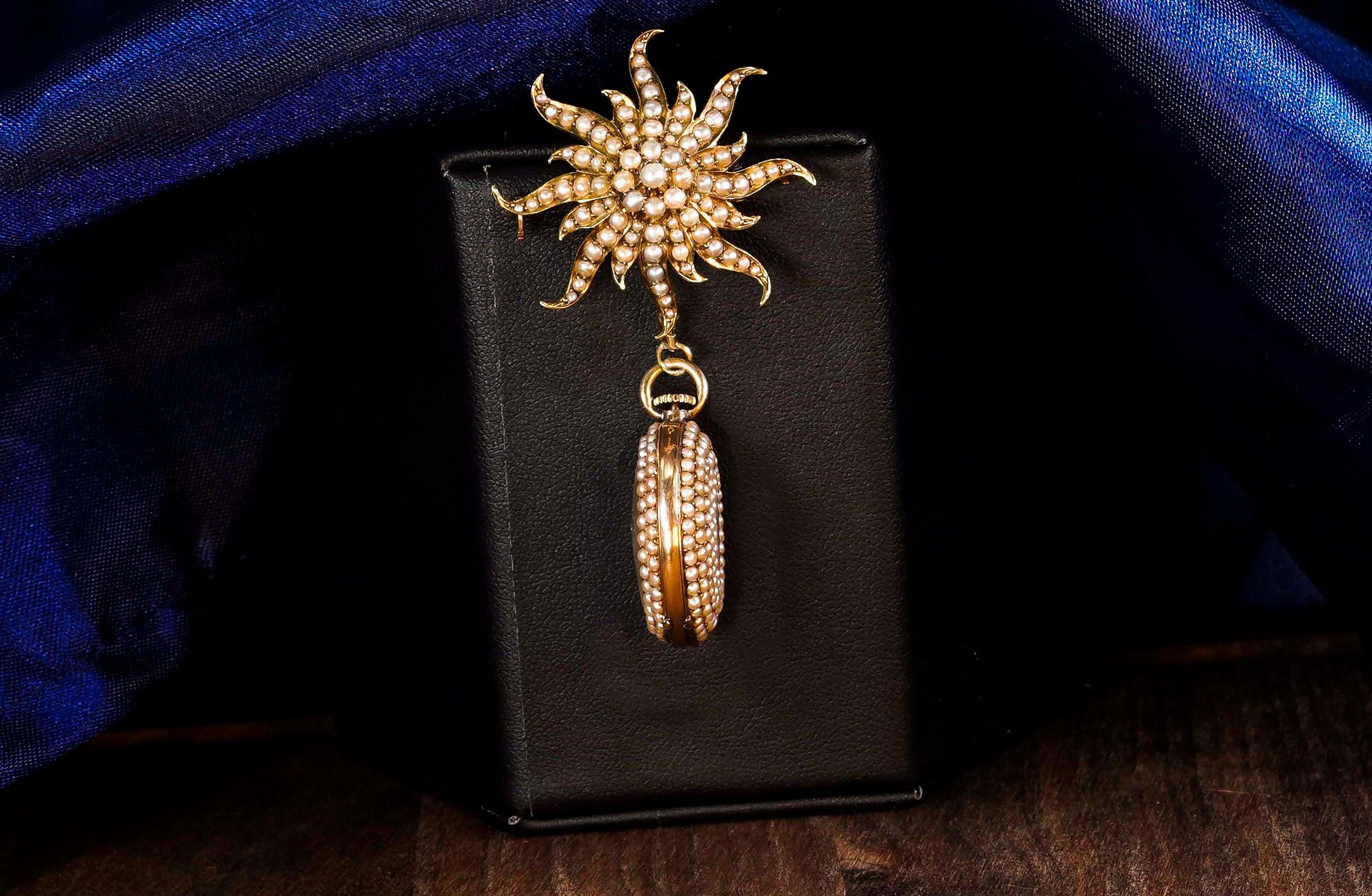 Trillion Cut 1800s Art Nouveau Gold Pearl Set Star Shaped and Enamel Pendant Watch