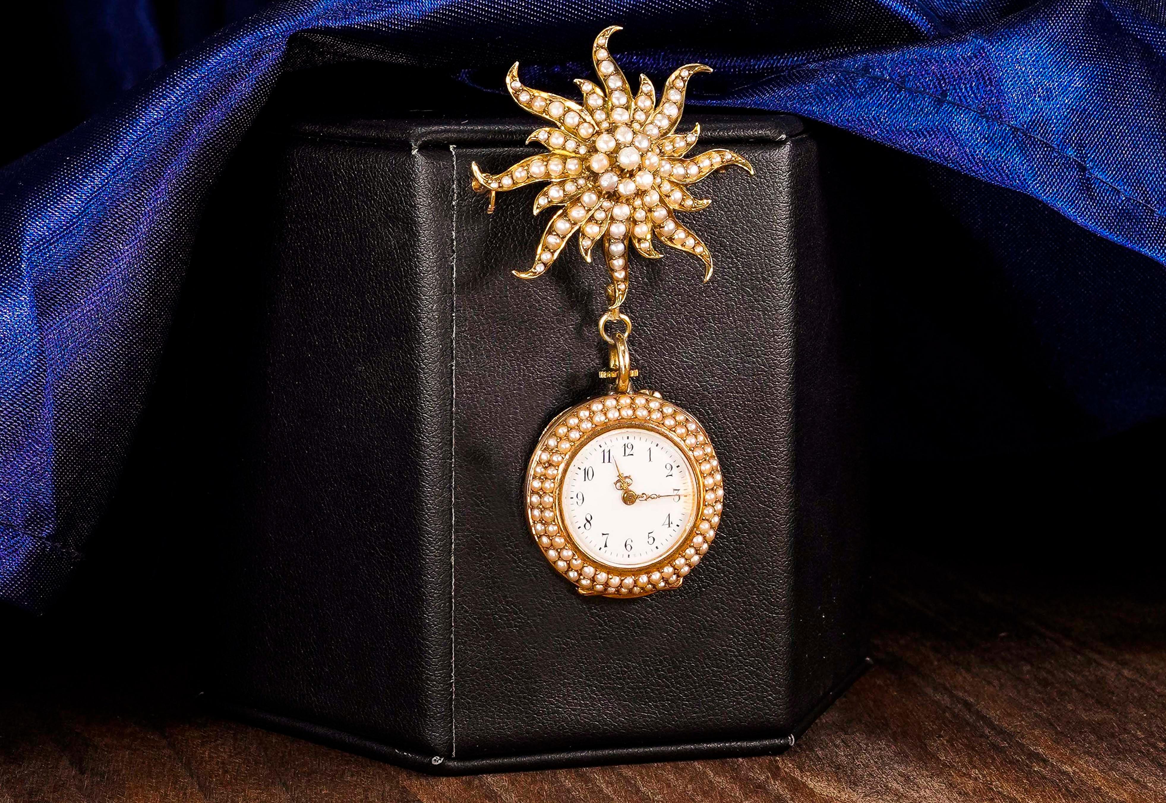 1800s Art Nouveau Gold Pearl Set Star Shaped and Enamel Pendant Watch In Excellent Condition In New york, NY
