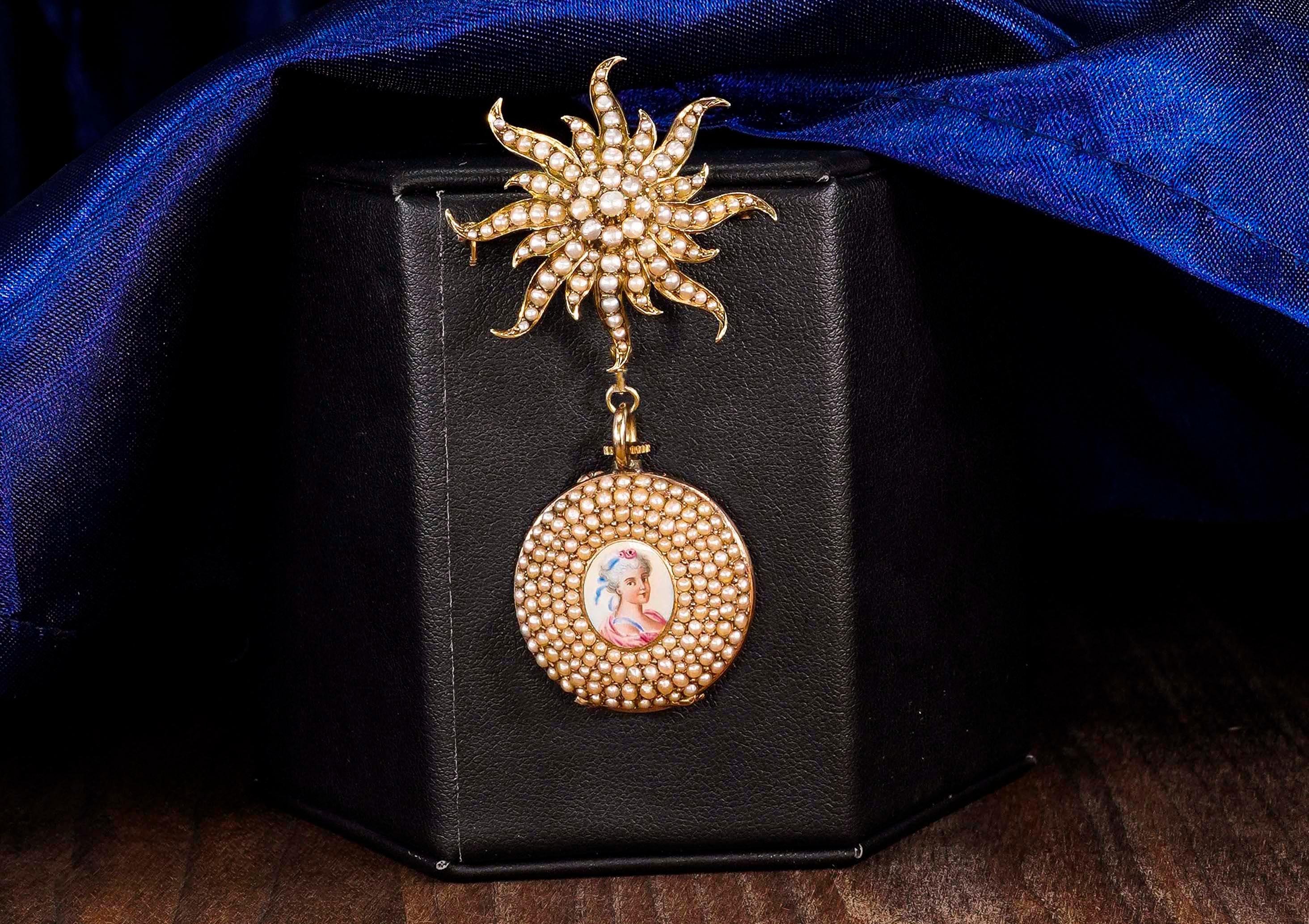 Women's or Men's 1800s Art Nouveau Gold Pearl Set Star Shaped and Enamel Pendant Watch