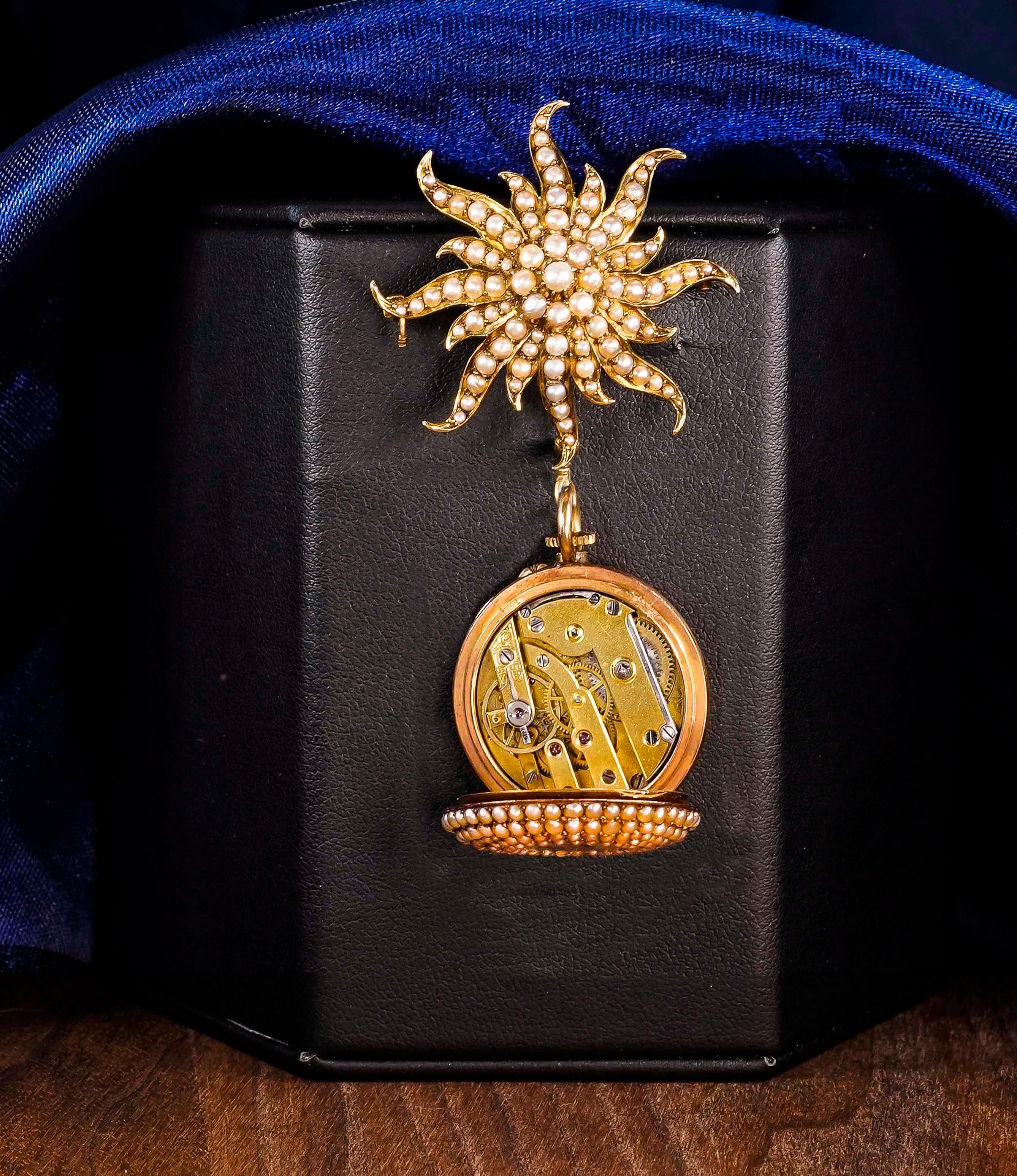 1800s Art Nouveau Gold Pearl Set Star Shaped and Enamel Pendant Watch 1
