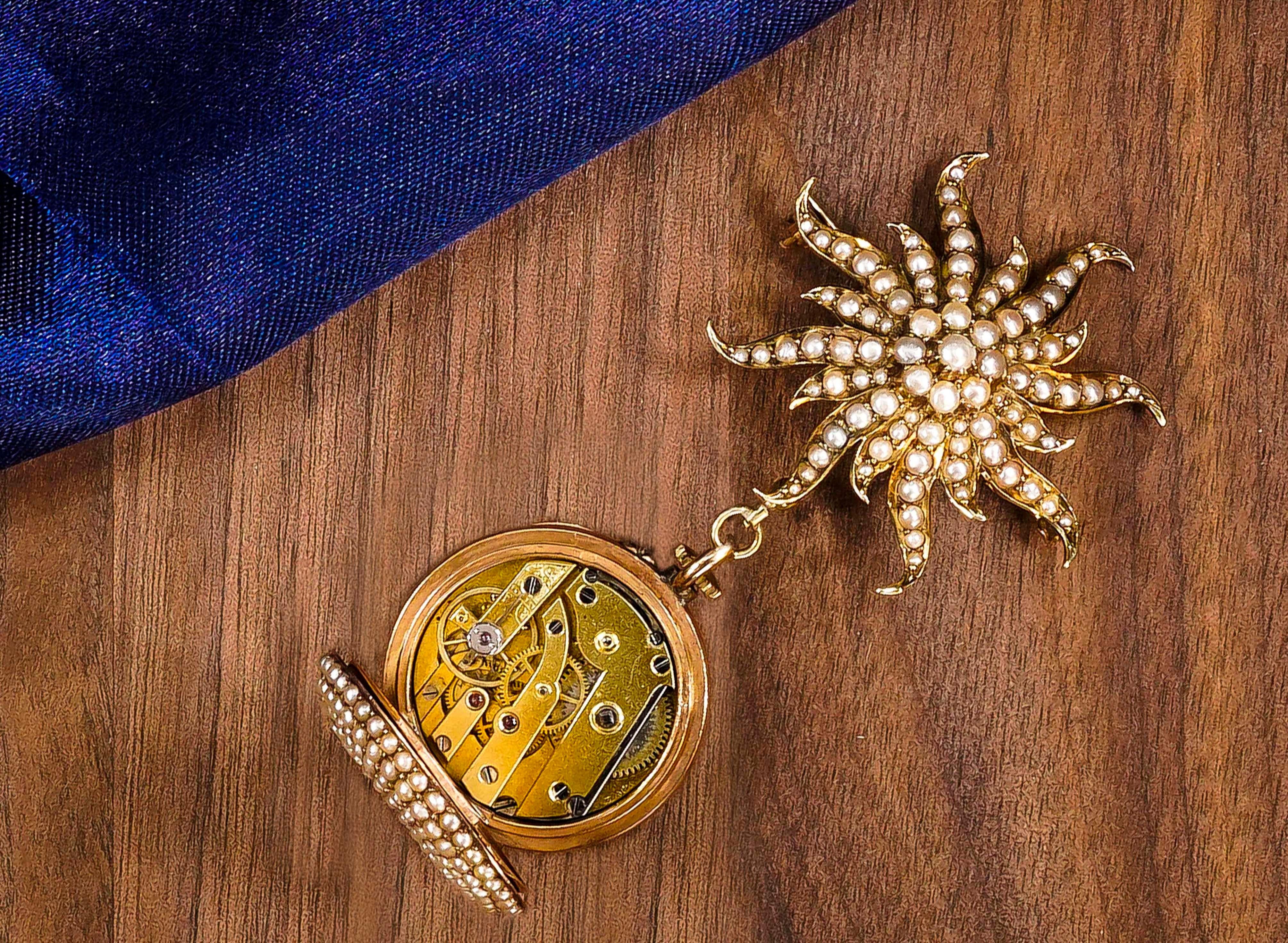 1800s Art Nouveau Gold Pearl Set Star Shaped and Enamel Pendant Watch 2