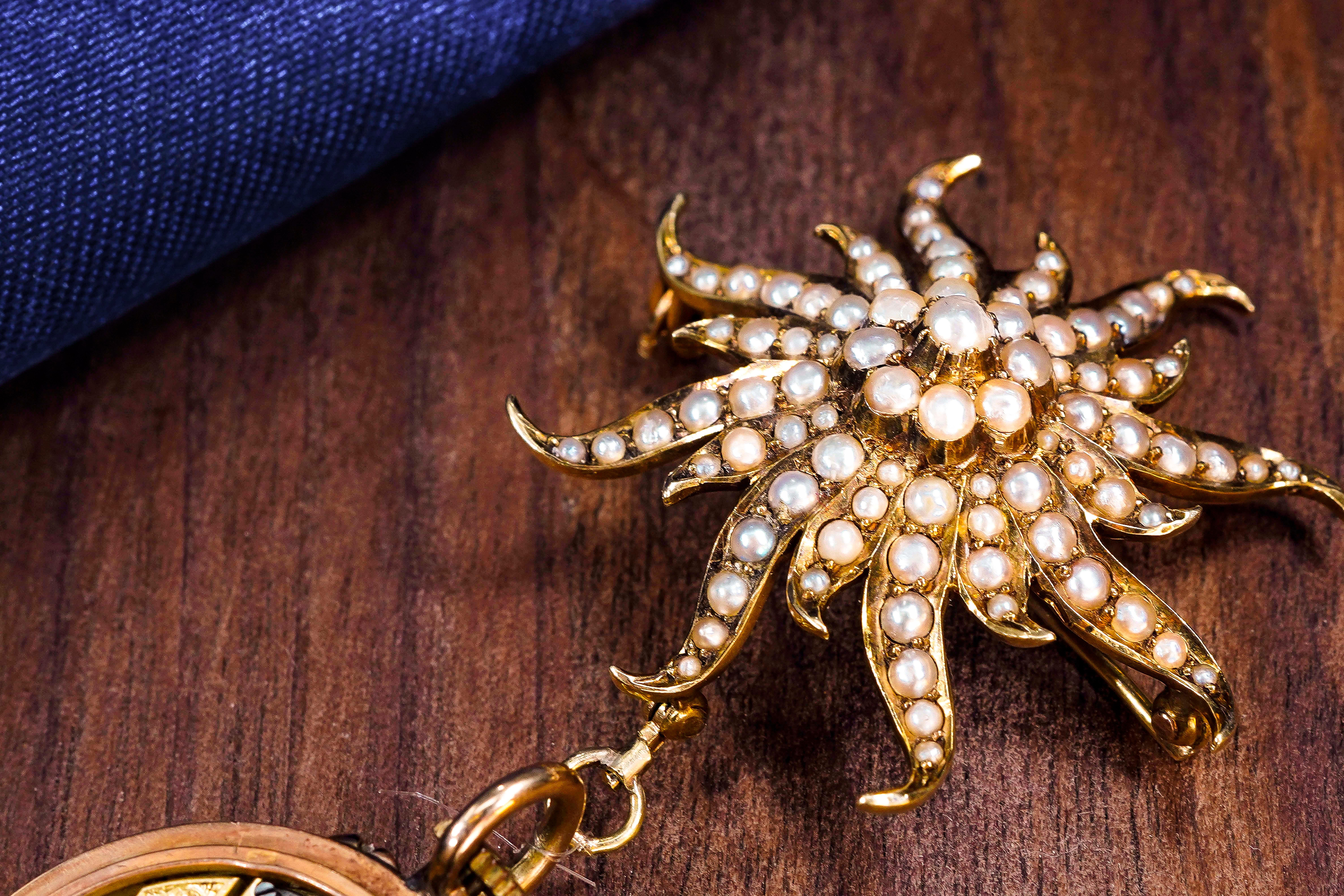 1800s Art Nouveau Gold Pearl Set Star Shaped and Enamel Pendant Watch 3