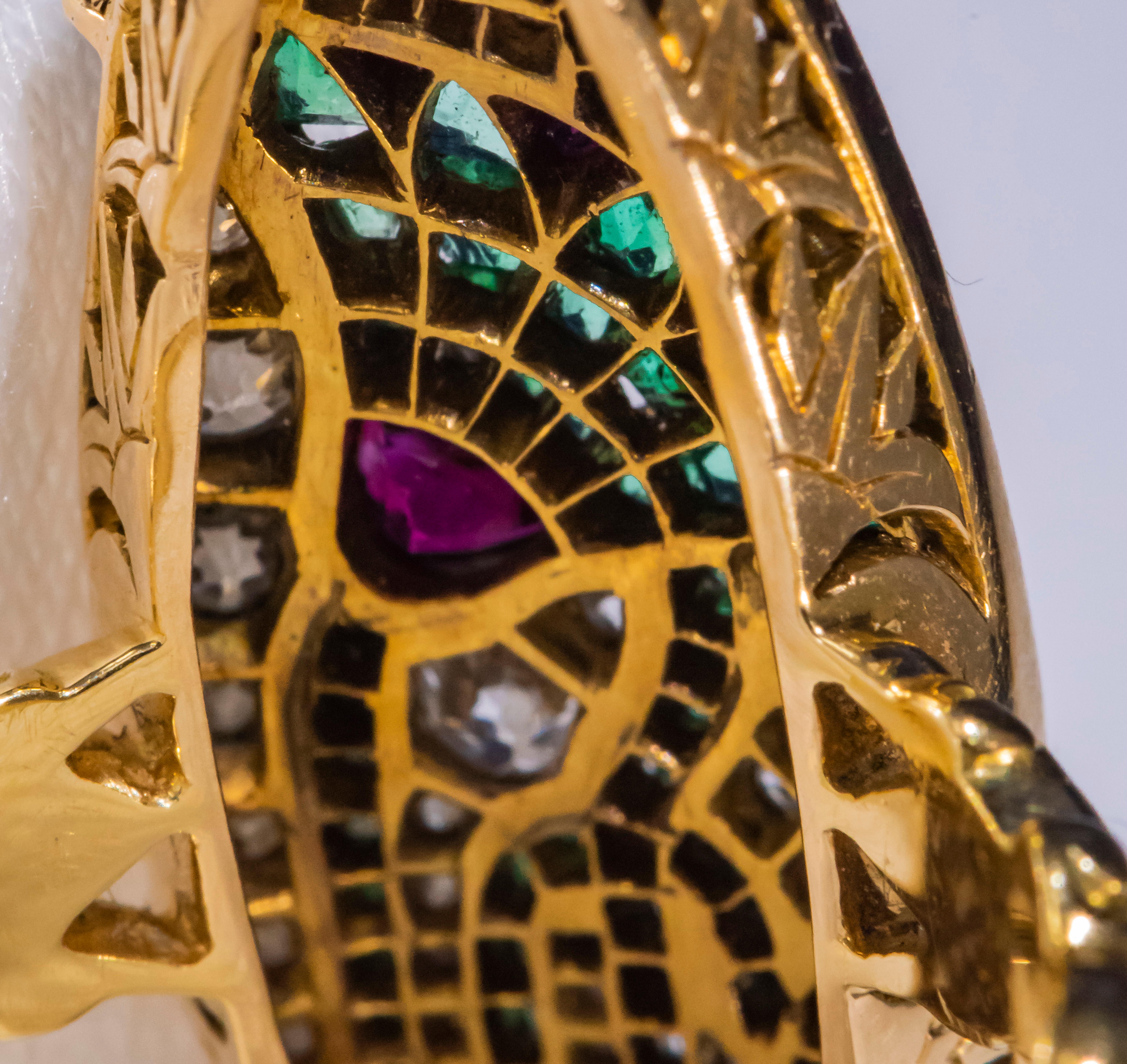 Impressive 1890s French Egyptian Revival Motif Ruby Emerald Diamond Lotus Ring 5