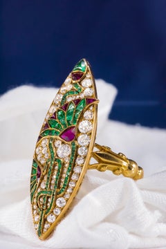 Impressive 1890s French Egyptian Revival Motif Ruby Emerald Diamond Lotus Ring