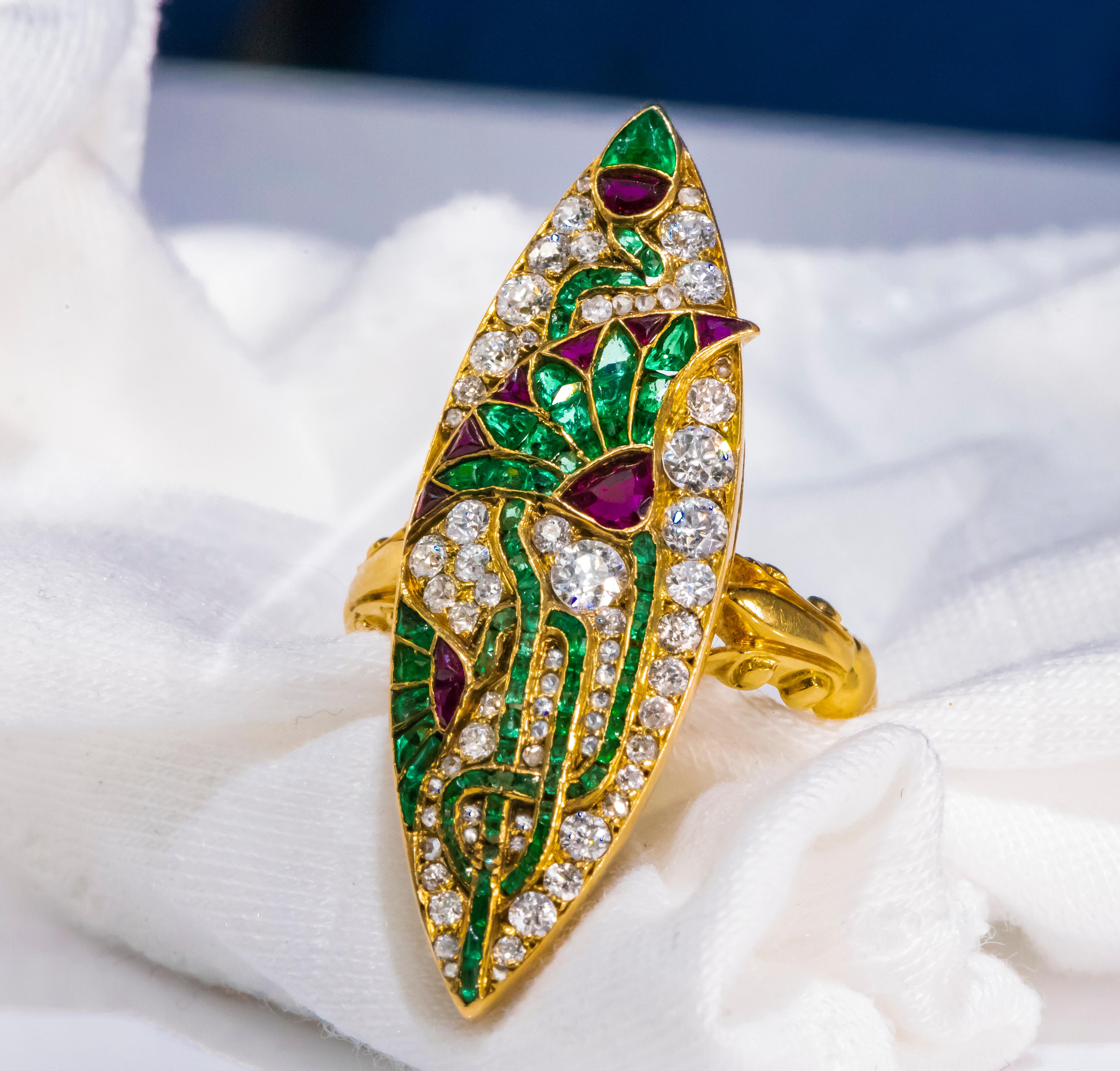 French Cut Impressive 1890s French Egyptian Revival Motif Ruby Emerald Diamond Lotus Ring For Sale