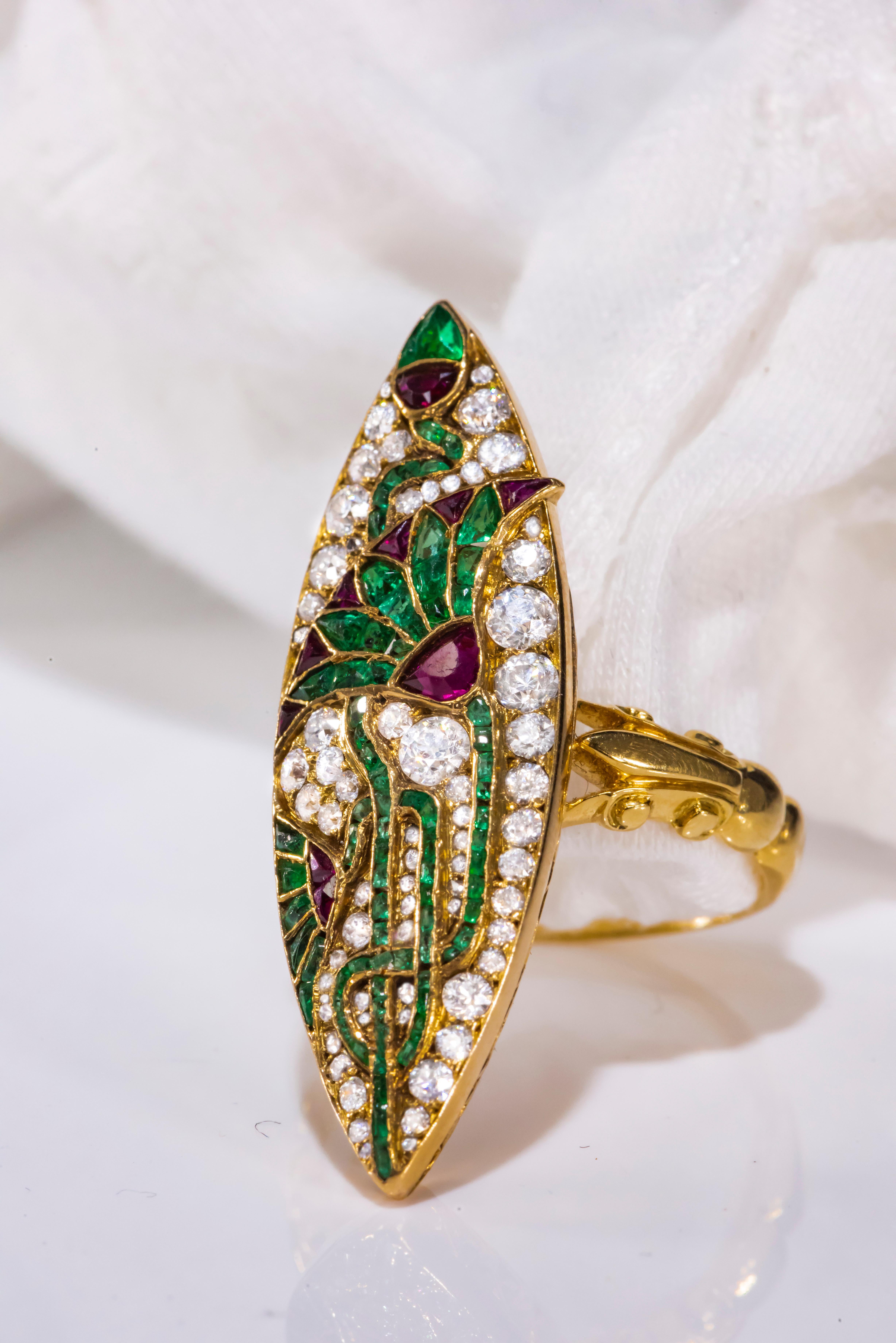 Impressive 1890s French Egyptian Revival Motif Ruby Emerald Diamond Lotus Ring In Excellent Condition In New york, NY