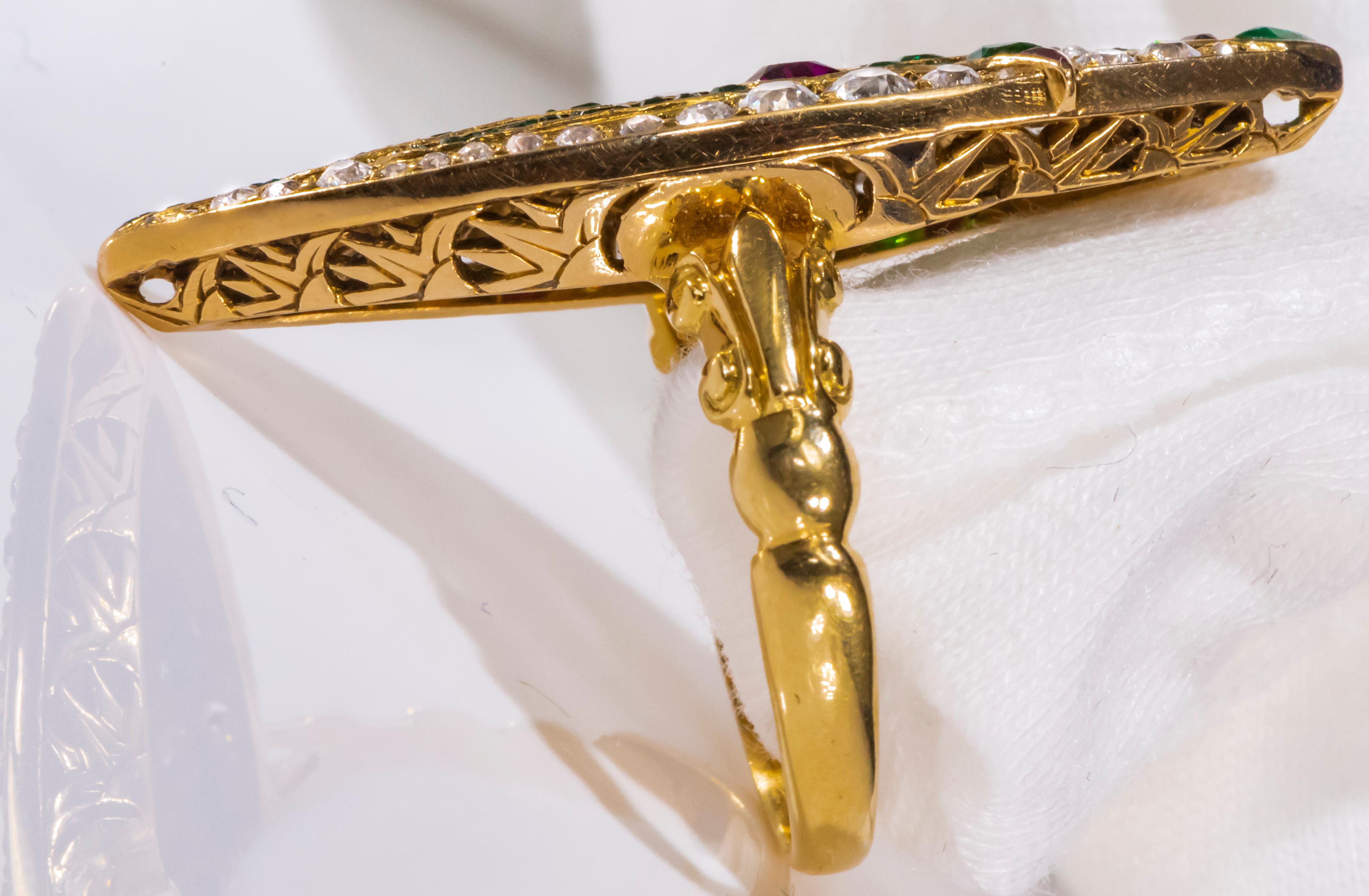 Women's or Men's Impressive 1890s French Egyptian Revival Motif Ruby Emerald Diamond Lotus Ring For Sale