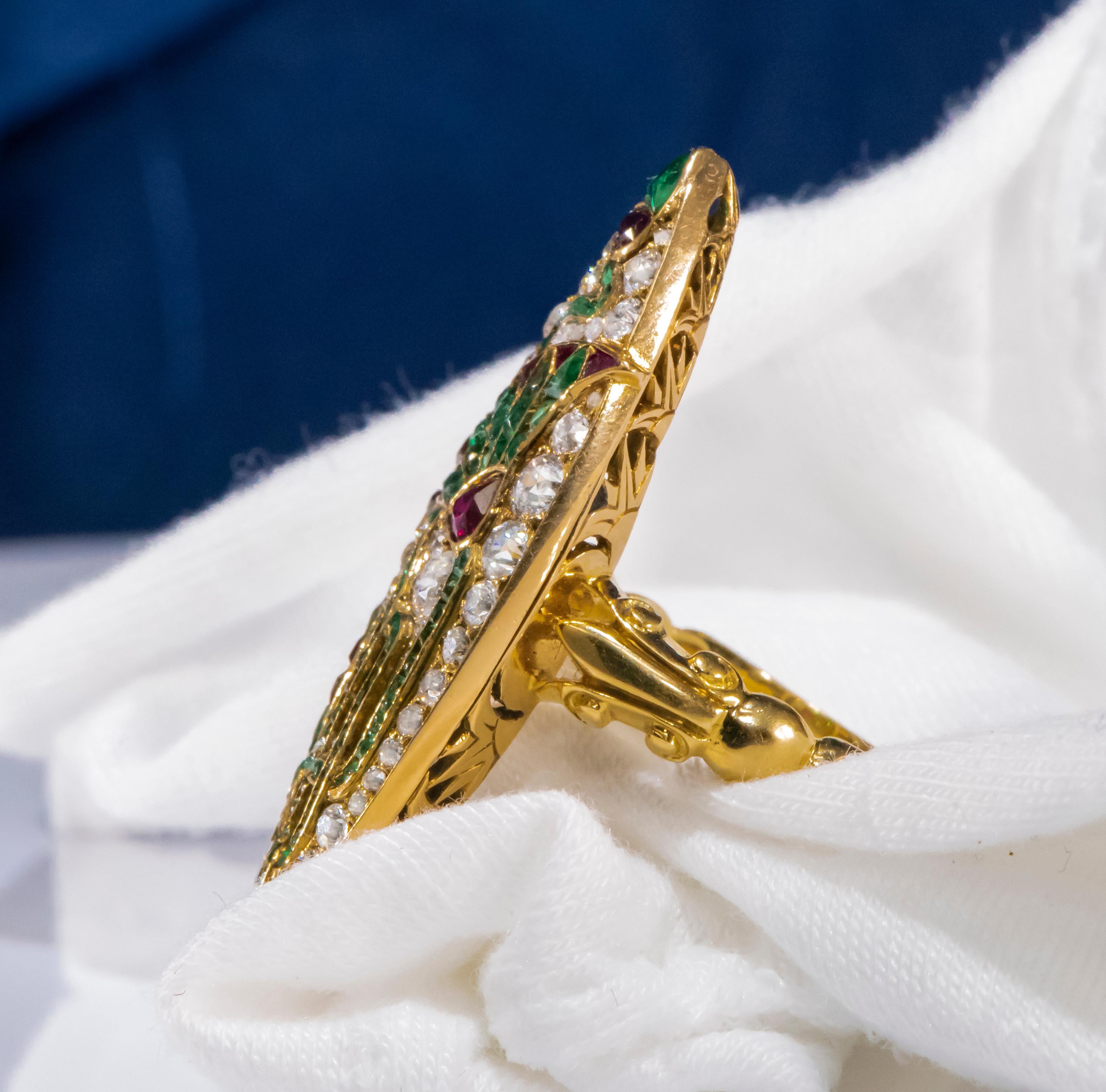 Impressive 1890s French Egyptian Revival Motif Ruby Emerald Diamond Lotus Ring 1