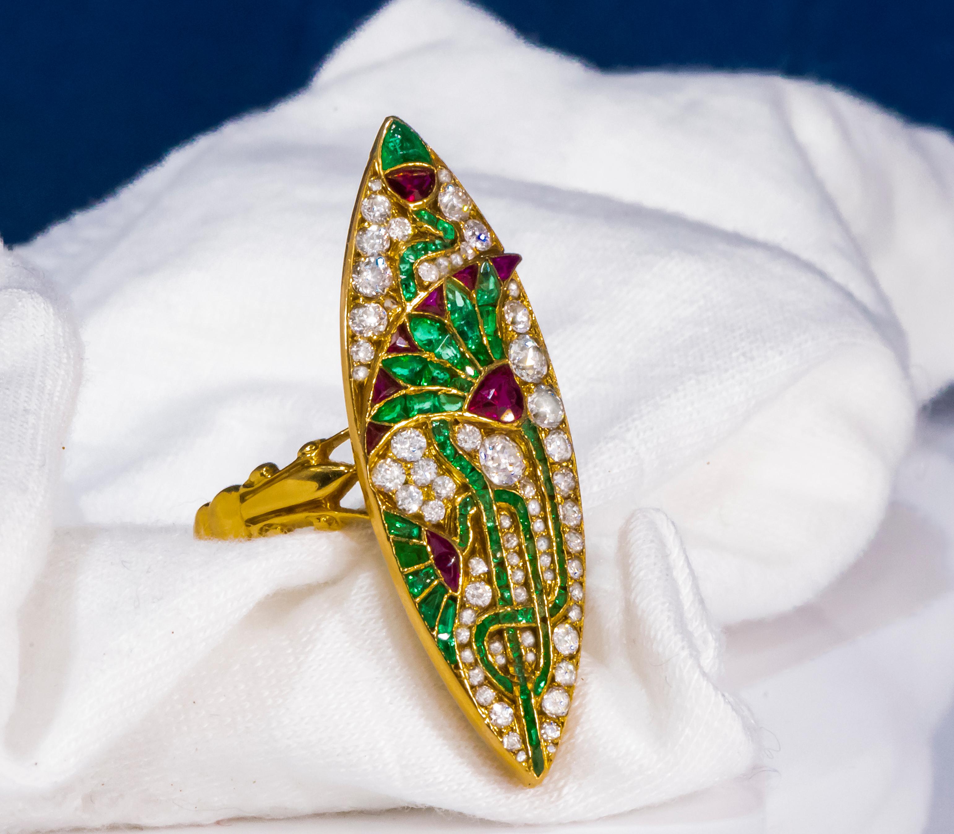 Impressive 1890s French Egyptian Revival Motif Ruby Emerald Diamond Lotus Ring For Sale 3