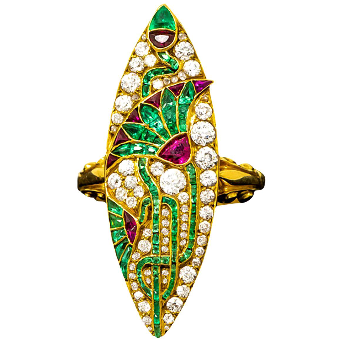 Impressive 1890s French Egyptian Revival Motif Ruby Emerald Diamond Lotus Ring