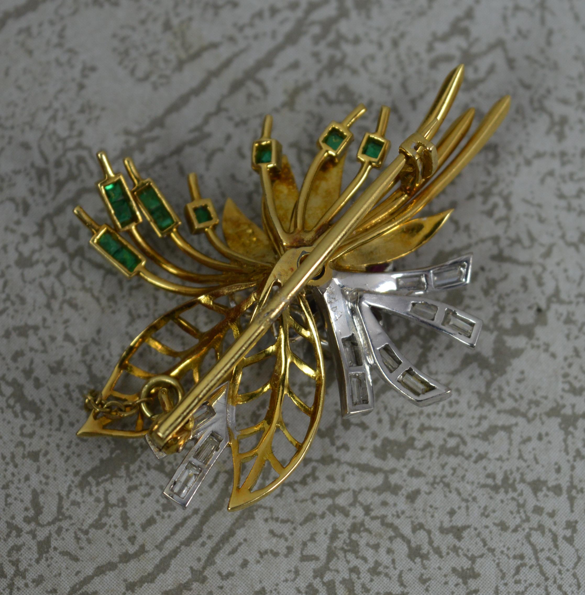 Old European Cut Impressive 18ct Gold 1.25ct Vs Diamond Ruby and Emerald Flower Spray Brooch