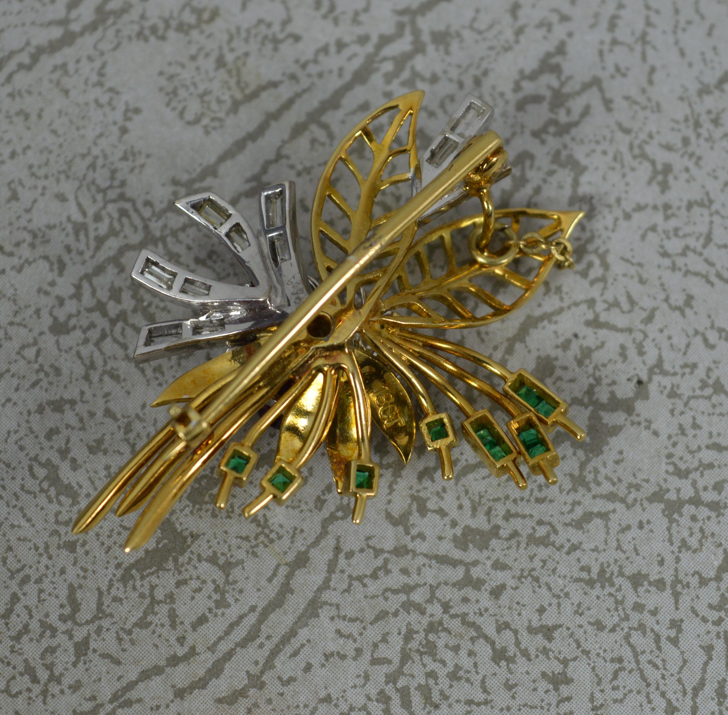 Impressive 18ct Gold 1.25ct Vs Diamond Ruby and Emerald Flower Spray Brooch In Excellent Condition In St Helens, GB