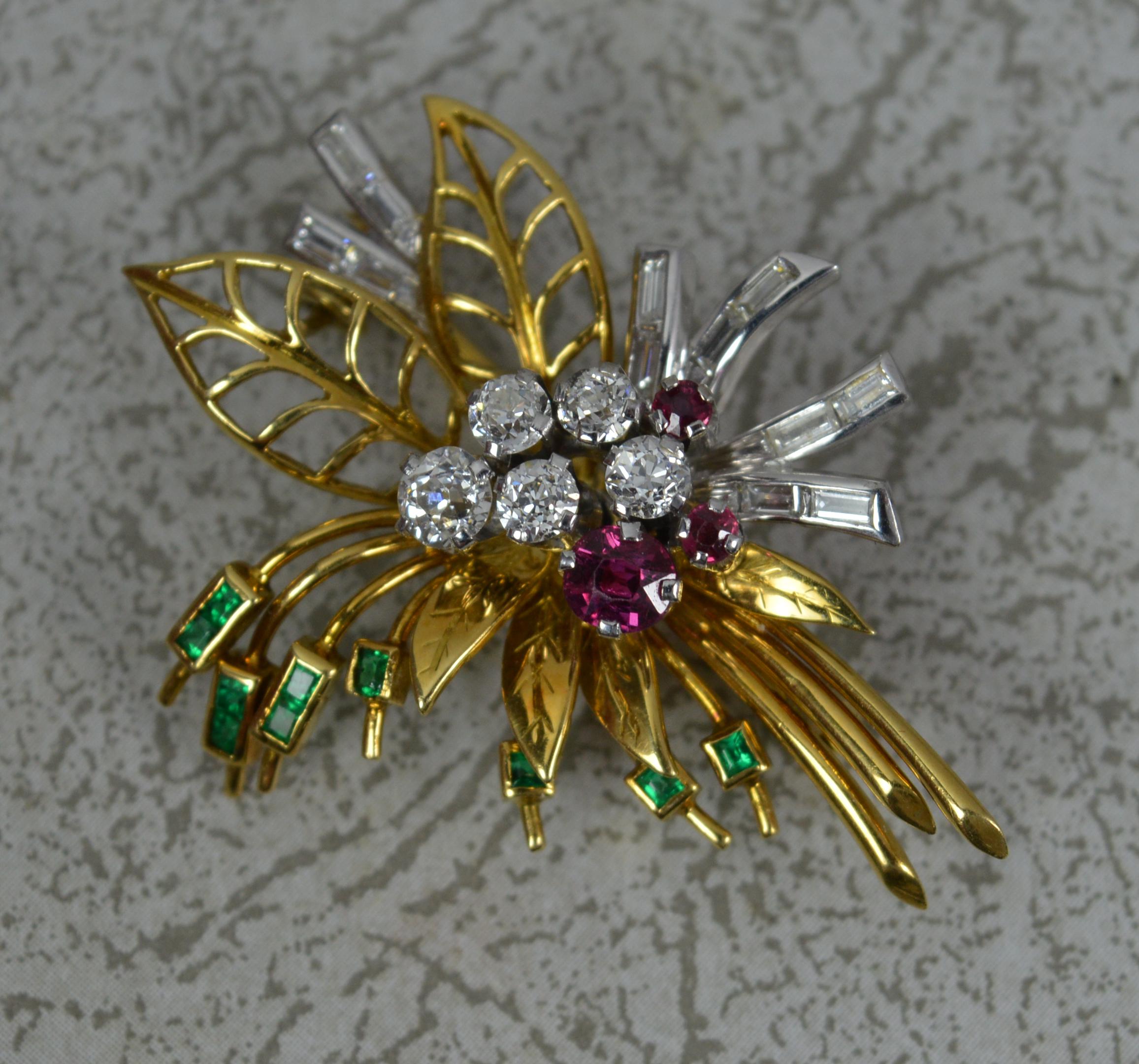 Women's Impressive 18ct Gold 1.25ct Vs Diamond Ruby and Emerald Flower Spray Brooch