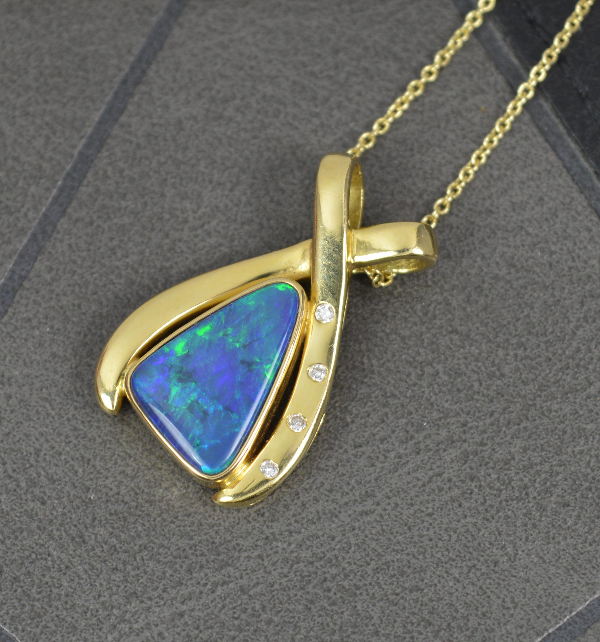 Rough Cut Impressive 18 Carat Gold Opal and Diamond Pendant and Chain For Sale