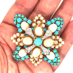 Impressive 18 Karat Persian Turquoise and Angel Skin Coral Brooch