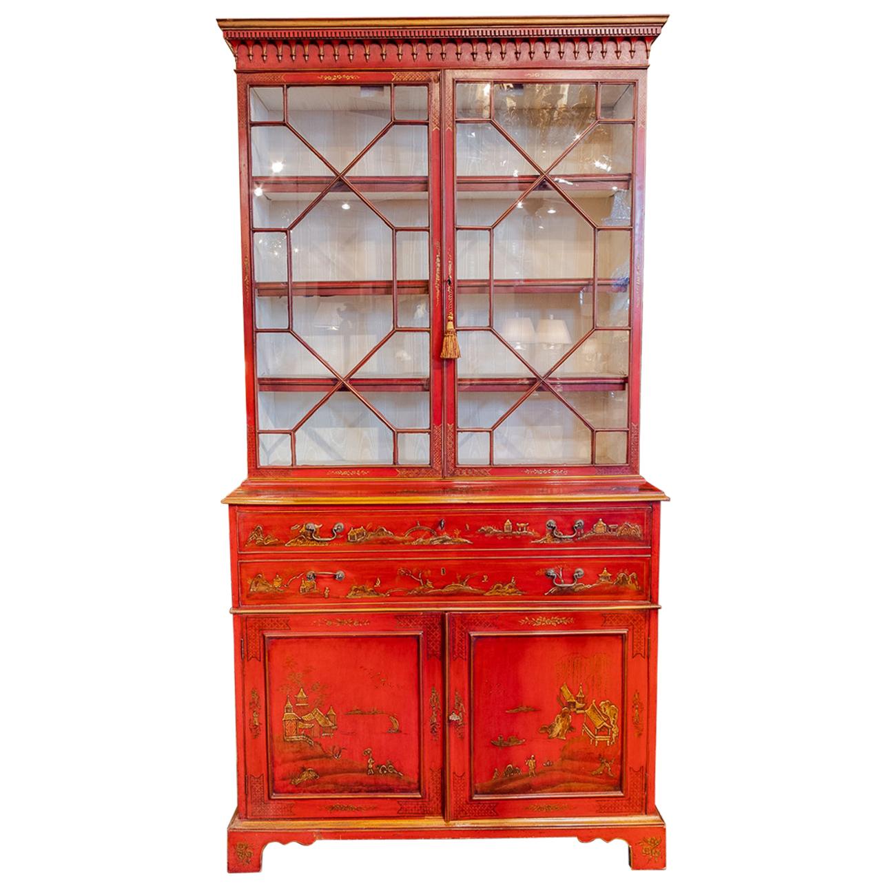 Impressive 18th Century Chinoiserie Red Lacquered Drop Front Secretary